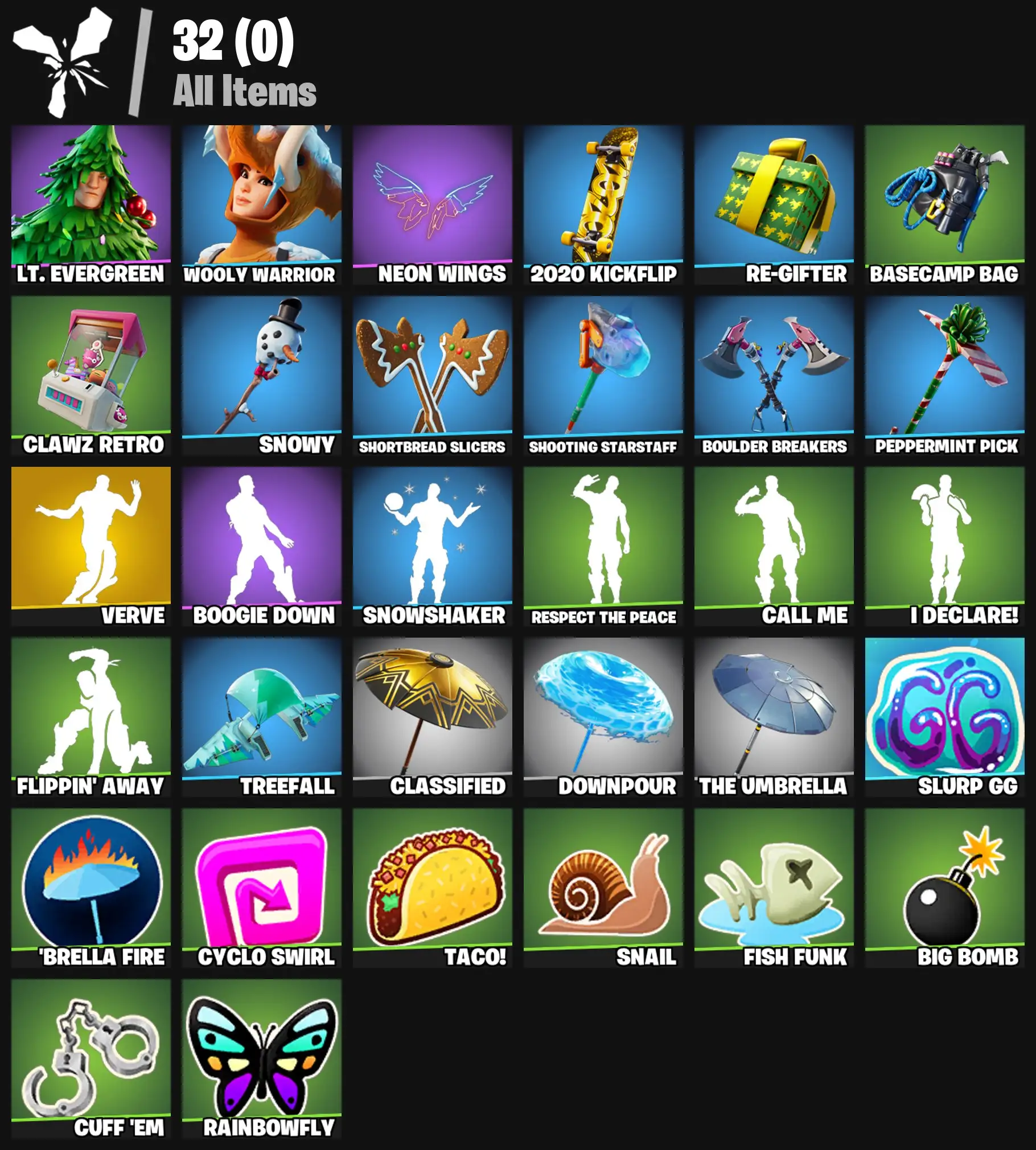 [PC/PSN/XBOX] 2 skins | Verve | Lt. Evergreen | Wooly Warrior | Neon Wings | 2020 Kickflip | Re-gifter | Basecamp Bag | Clawz Retro | Snowy | 0 VB