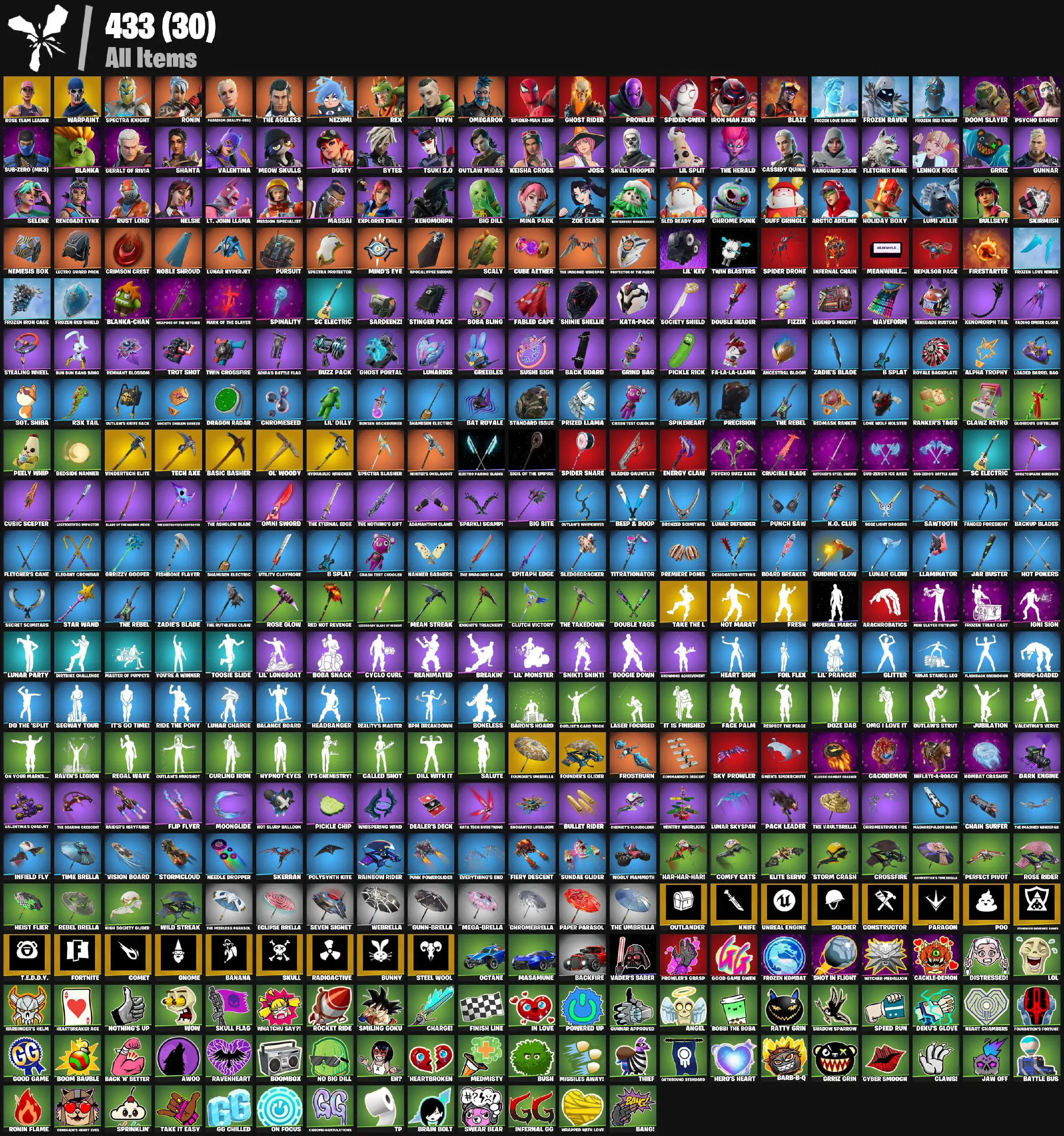 [PC] 62 skins | OG STW | Explorer Emilie | Skirmish | Pursuit | Clawz Retro | Greebles | Mean Streak | Vindertech Elite | Ol' Woody | Knight's Treachery