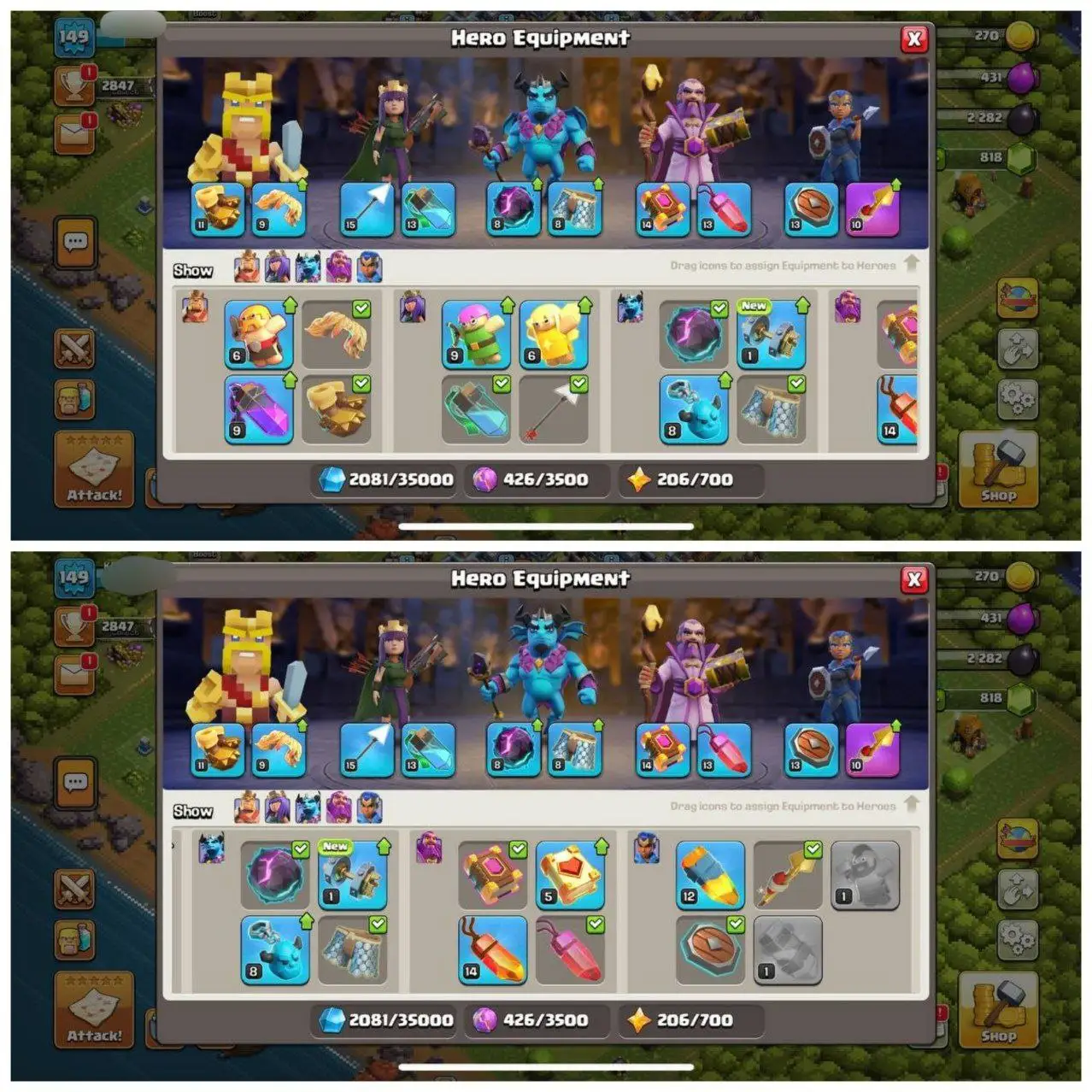{CRAZY DISCOUNT} TH13 NEAR MAX⚡️XP - 149 ⚡️1 EPIC EQUIPMENTS ⚡️HERO 49-61-47-38-25⚡️DARK BLUE WALLS ⚡️818 GEMS ⚡️PIXEL SCENERY⚡️439 CWL MEDALS⚡️OP LAB⚡️INSTANT DELIVERY 🚚