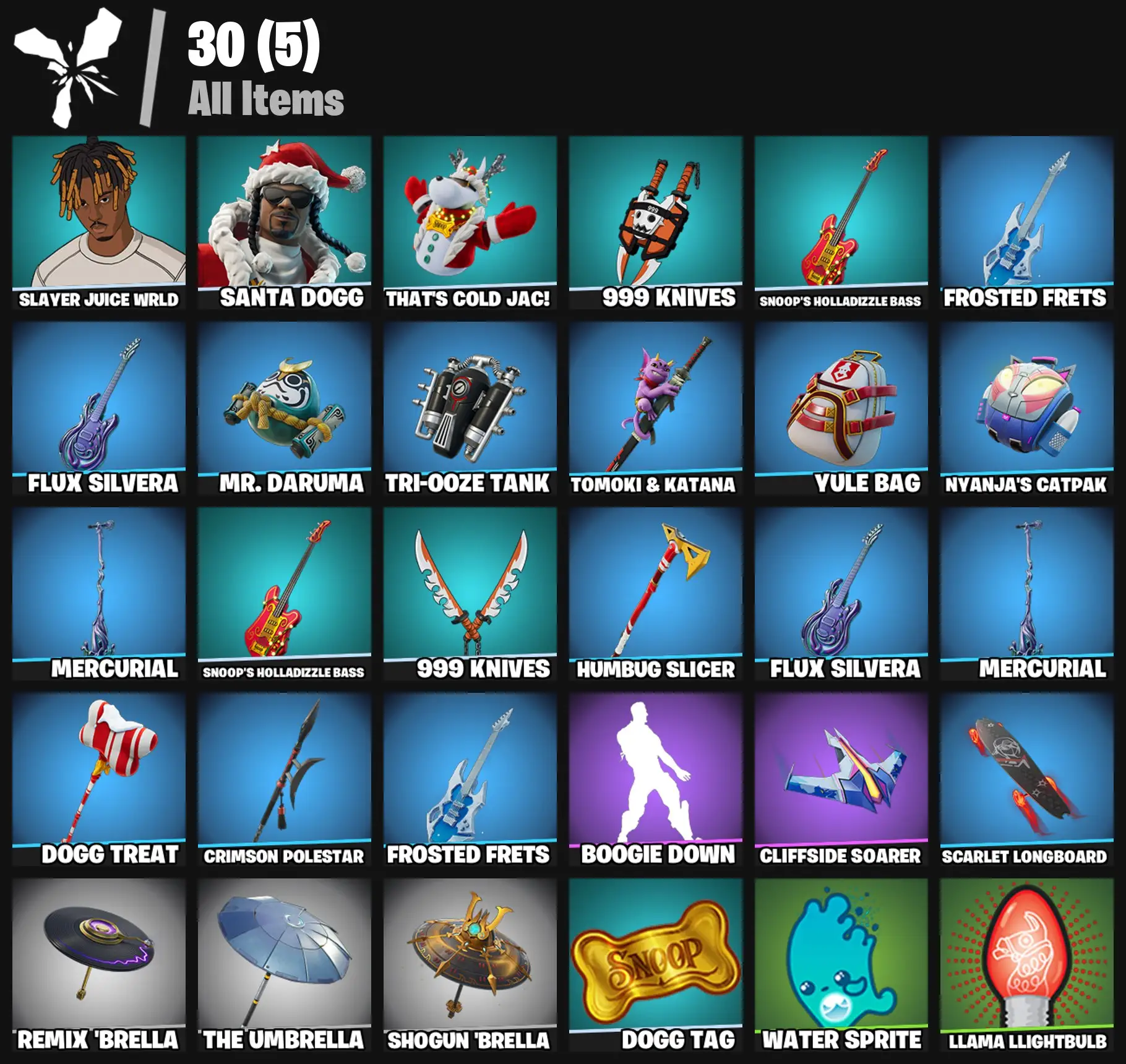 [PC/PSN/XBOX] 2 skins | Slayer Juice WRLD | Santa Dogg | That's Cold Jac! | 999 Knives | Snoop's Holladizzle Bass | Frosted Frets | Flux Silvera | 100 VB