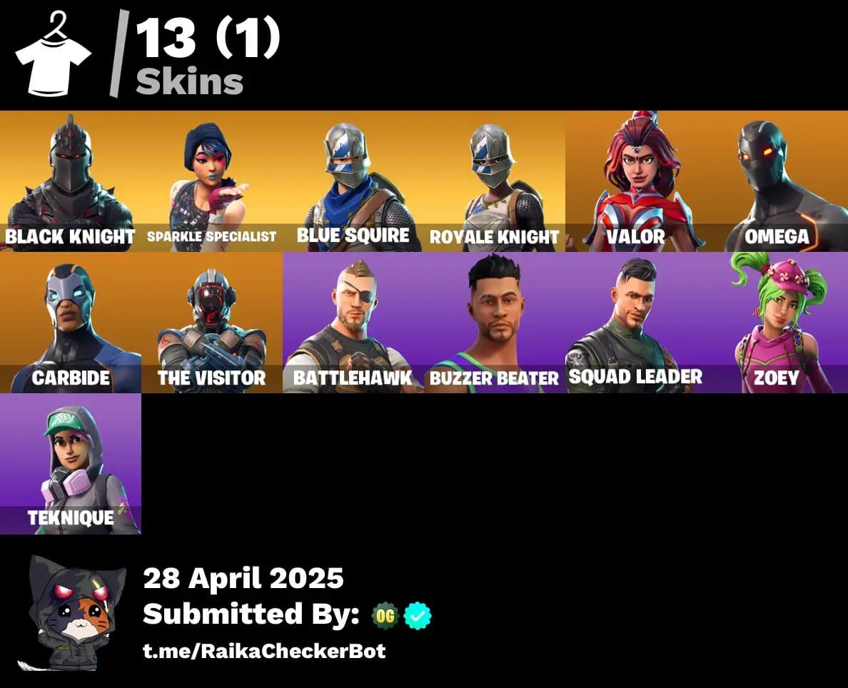 🎮 13 Skins · 1 Paid · Ultra Rare OG Collection | Black Knight, Royale Knight, Sparkle Specialist, The Visitor, Omega & More 🔥 Legendary Skins · Mako Glider · AC/DC Pickaxe 💎
