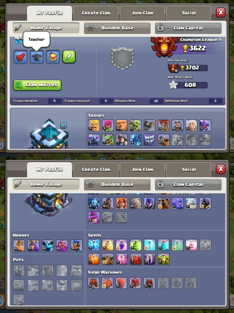 [#758] ALMOST MAX TH 13 | 65-74-50-50-19 HEROES | ALL WALLS MAXED | SOME MAGIC ITEMS | 429 CWL MEDALS | FREE RENAME | BEST EQUIPMENT | INSTANT DELIVERY