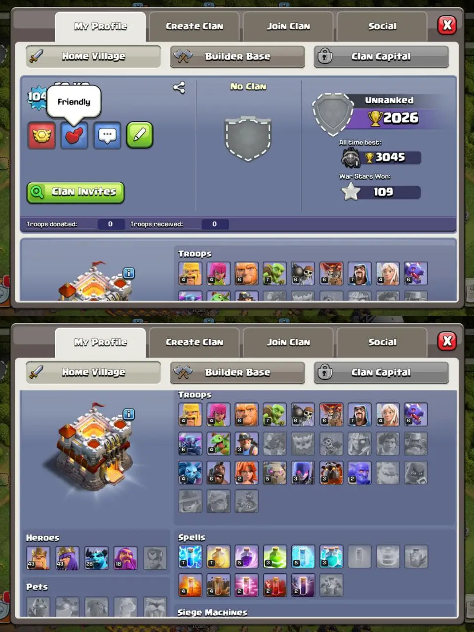 [#805] SEMI-MAX TH 11 | 43-43-28-18 HEROES | SOME MAGIC ITEMS | 114 CWL MEDALS | 500 RENAME | INSTANT DELIVERY
