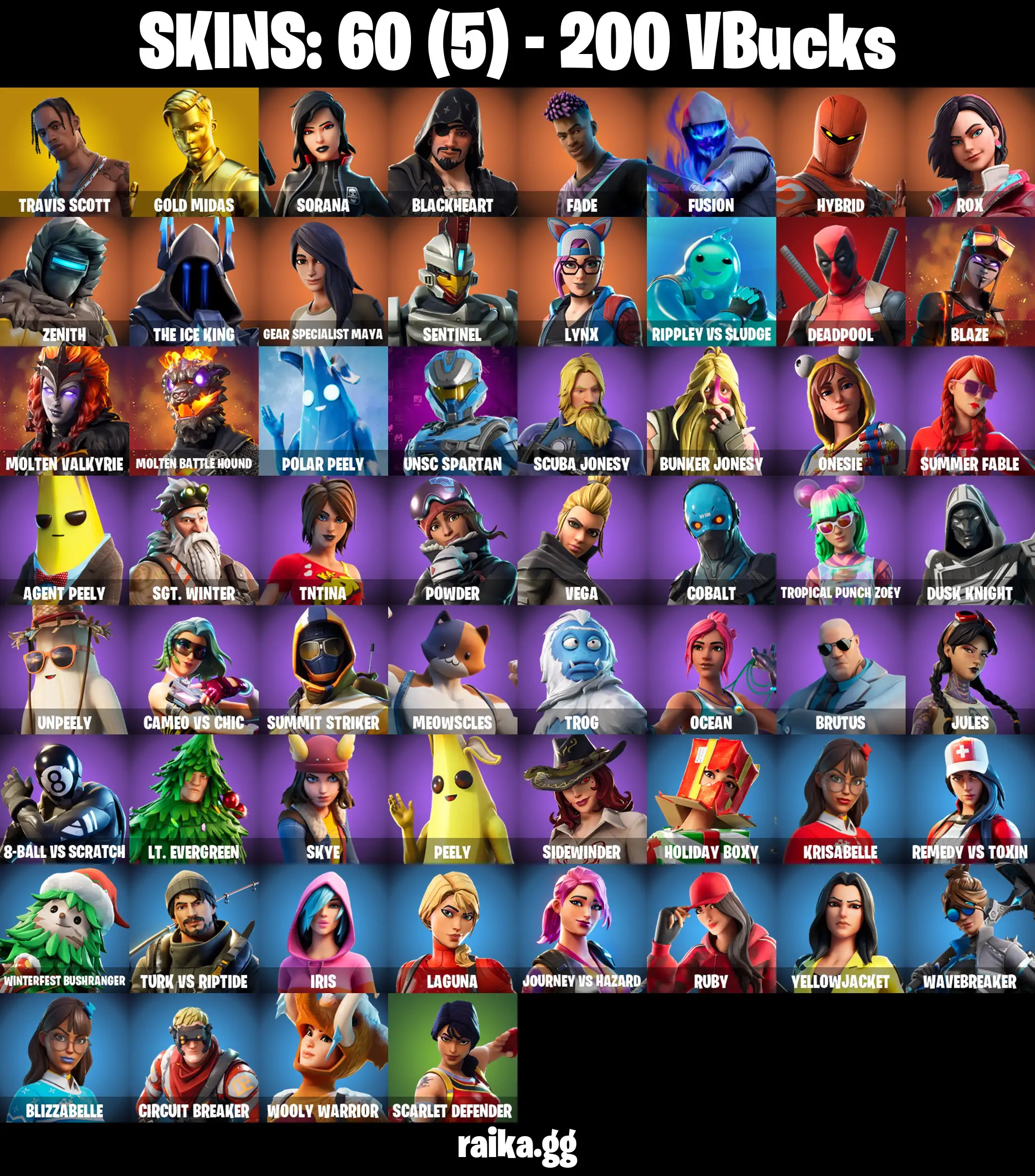 [PC/PSN/XBOX] 60 skins | Travis Scott | Merry Mint Axe | Gold Midas | Zenith | Gear Specialist Maya | Blackheart | The Ice King | 400 VB