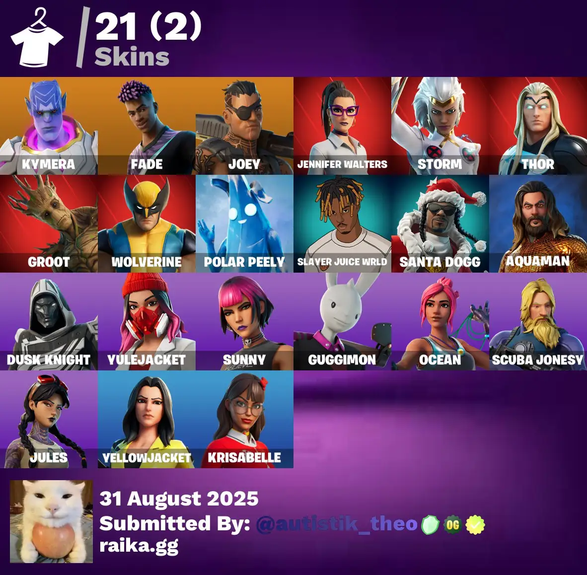 [PC/PSN/XBOX] 21 skins | Kymera | Fade | Joey | Jennifer Walters | Storm | Thor | Groot | Wolverine | Polar Peely | Slayer Juice WRLD | Santa Dogg | 400 VB