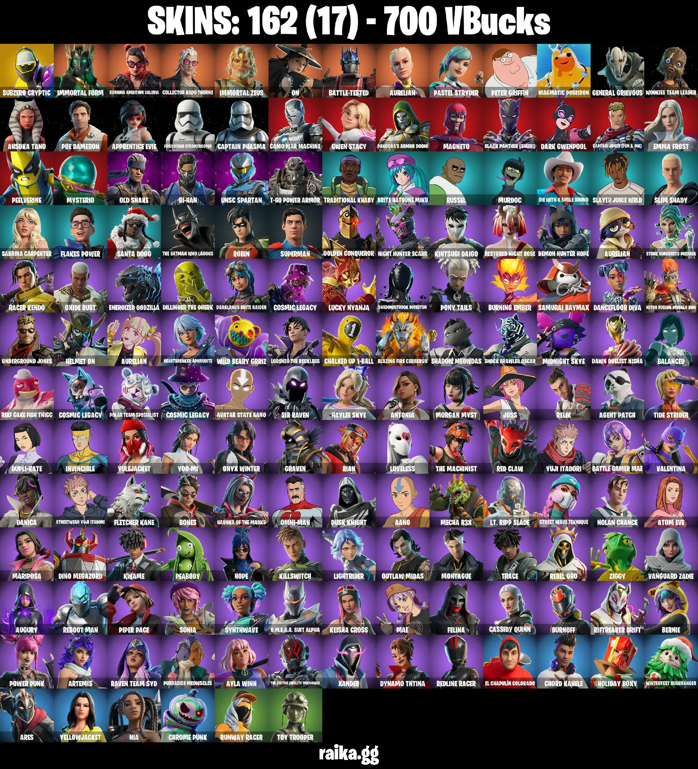 [PC/PSN/XBOX] 162 STACKED Skins | Subzero Cryptic | Invincible | Burning Ambition Valeria | Collector Kado Thorne | The Batman Who Laughs | Yellow Jacket | Sabrina Carpenter | 700 VB