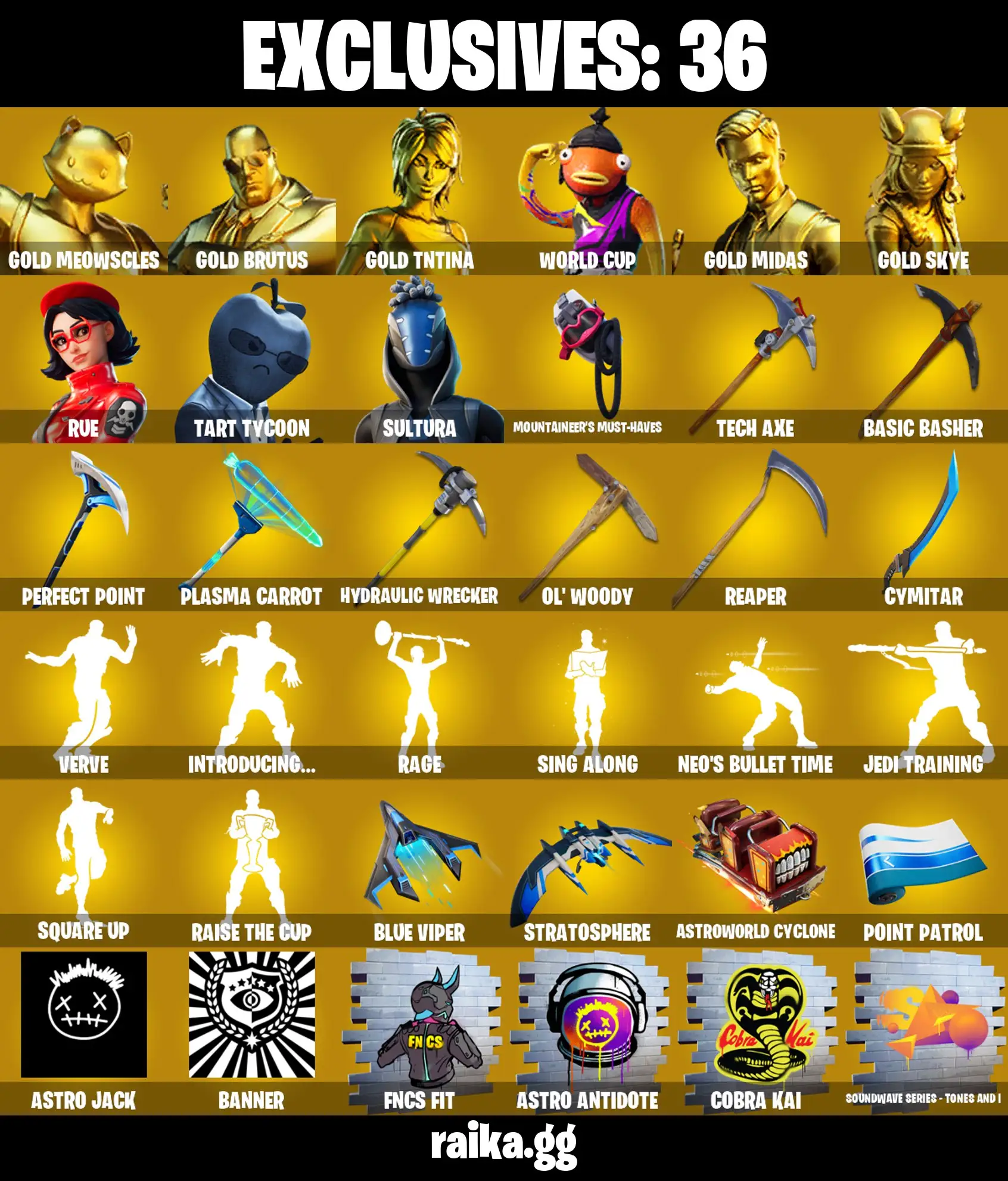[PC/PS/XB/NIN] STACKED 159 OG Skins | OG RUE | Gold Meowscles | Gold Brutus | Gold TNTina | FishStick WORLD CUP | Gold Midas | Gold Skye | Lara Croft| Tart Tycoon | Rage | Galaxia | Codename E.L.F
