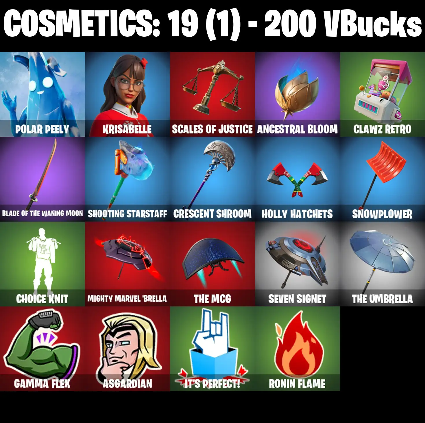 [PC/PSN/XBOX] 2 skins | Polar Peely | Krisabelle | Scales of Justice | Ancestral Bloom | Clawz Retro | Blade of the Waning Moon | Shooting Starstaff | 200 VB