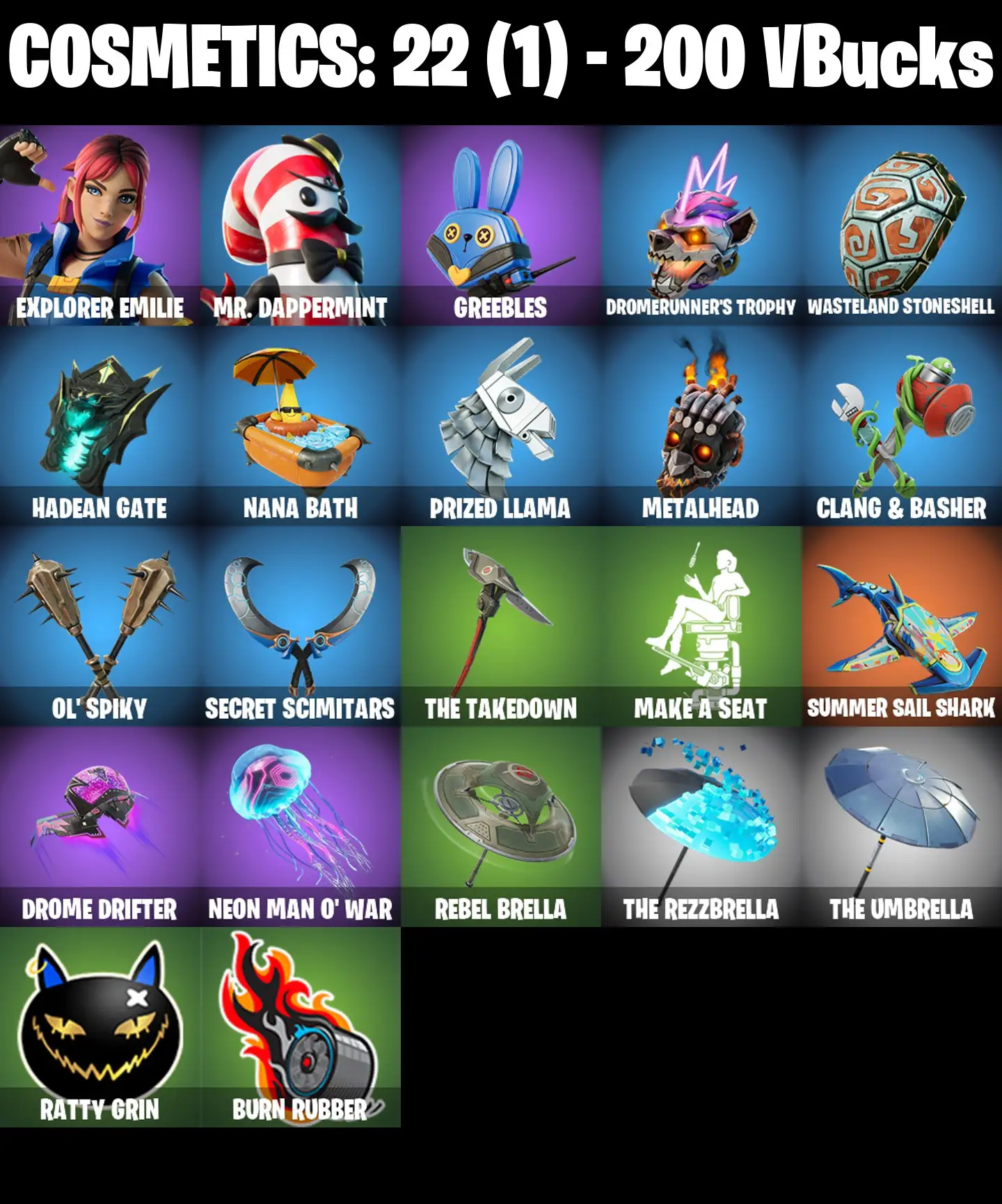 [PC/PSN/XBOX] 2 skins | Explorer Emilie | Mr. Dappermint | Greebles | Dromerunner's Trophy | Wasteland Stoneshell | Hadean Gate | NaNa Bath | 200 VB