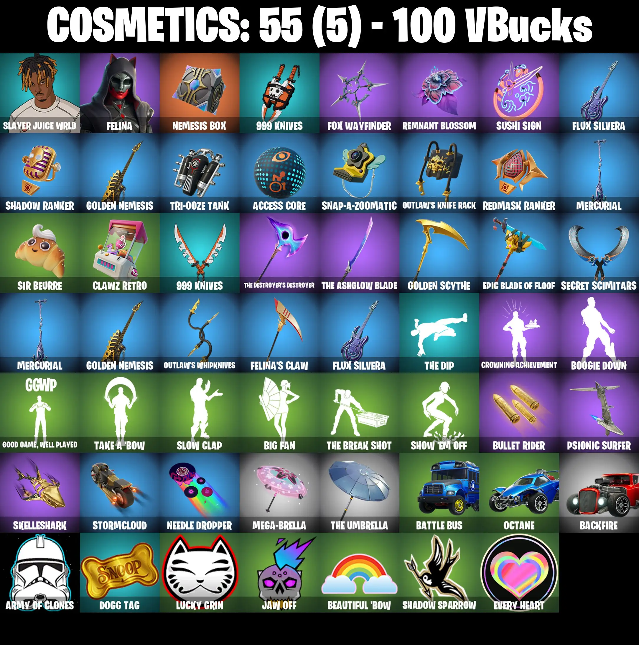 [PC/PSN/XBOX] 2 skins | Slayer Juice WRLD | Felina | Nemesis Box | 999 Knives | Fox Wayfinder | Remnant Blossom | Sushi Sign | Flux Silvera | 100 VB