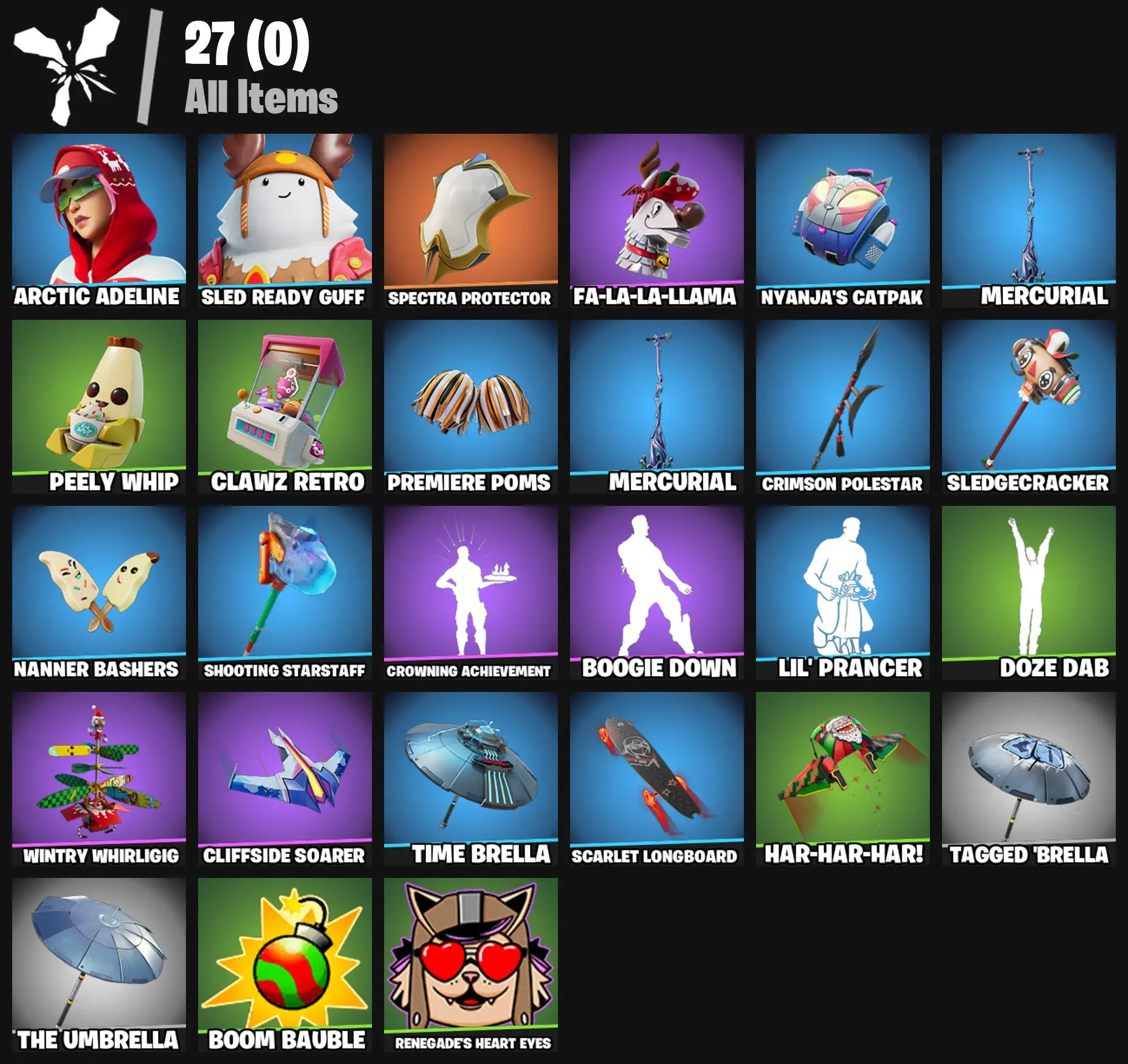 [PC/PSN/XBOX] 2 skins | Arctic Adeline | Sled Ready Guff | Spectra Protector | Fa-la-la-Llama | Nyanja's Catpak | Mercurial | Peely Whip | 200 VB