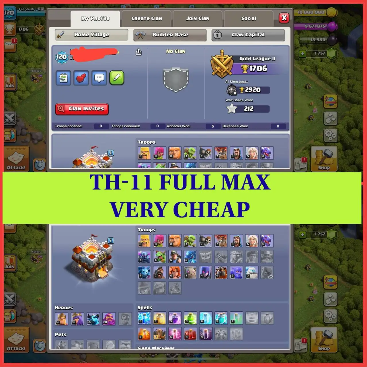 💎 TH11 MAX | 120 XP | 13 EQUIPMENTS | MAXED DEFENSE - HERO'S 50-50-25-20  | QUICK DELIVERY ✅