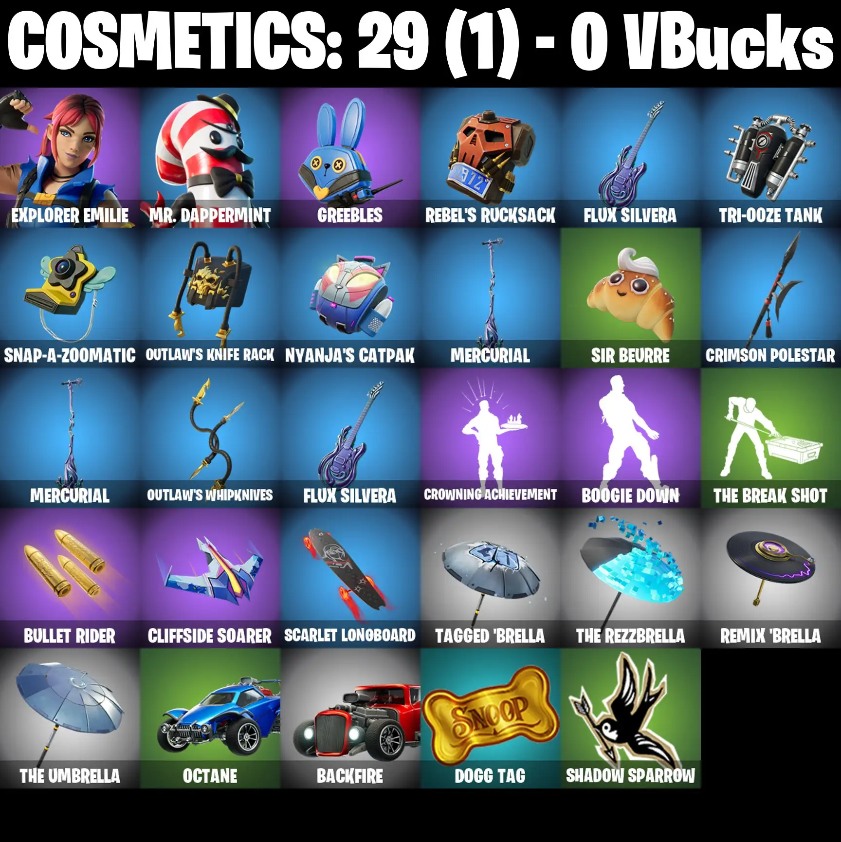 [PC/PSN/XBOX] 2 skins | Explorer Emilie | Mr. Dappermint | Greebles | Rebel's Rucksack | Flux Silvera | Tri-Ooze Tank | Snap-A-Zoomatic | 0 VB