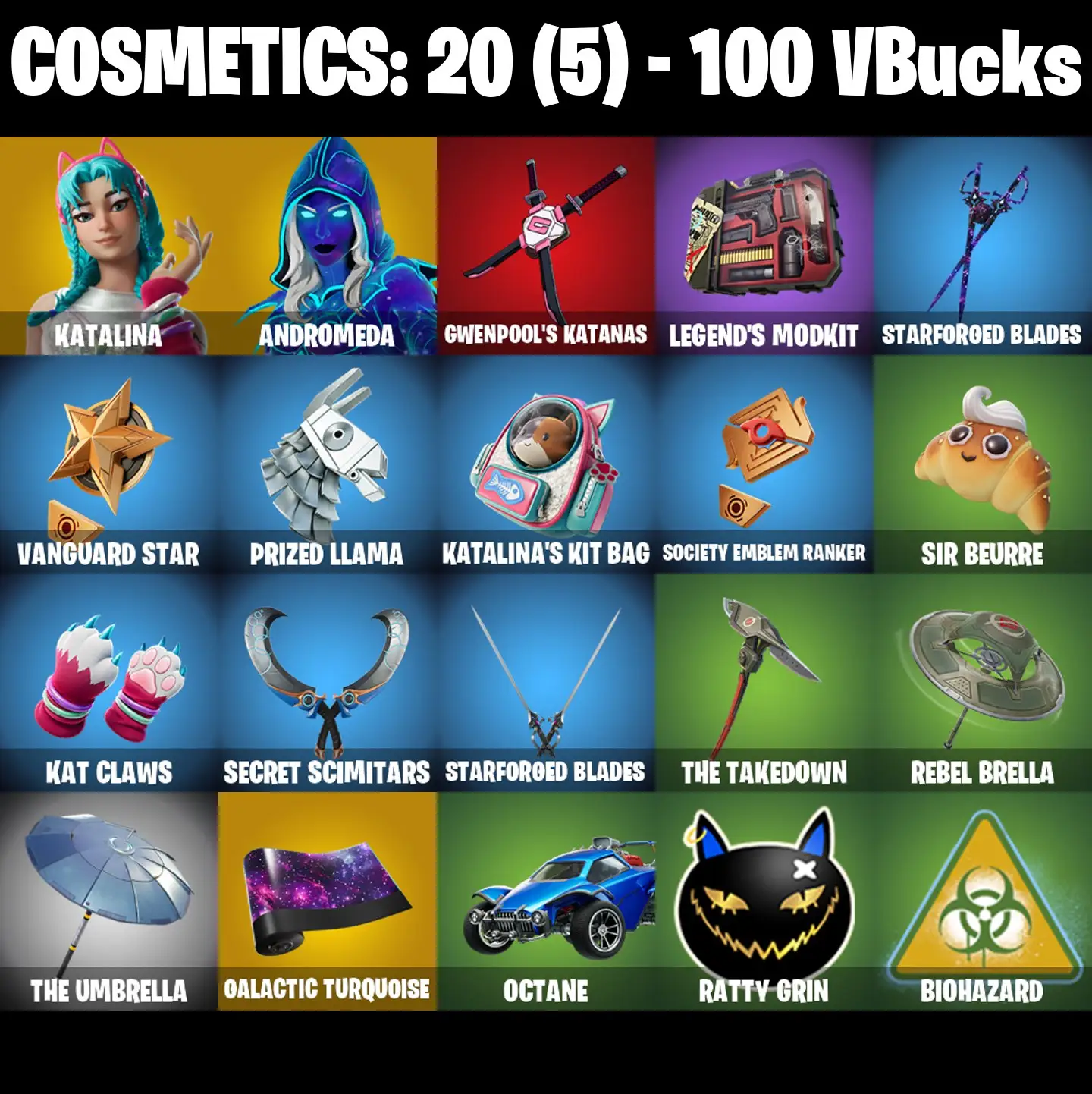 [PC/PSN/XBOX] 2 skins | Katalina | Andromeda | Gwenpool's Katanas | Legend's Modkit | Starforged Blades | Vanguard Star | Prized Llama | 100 VB