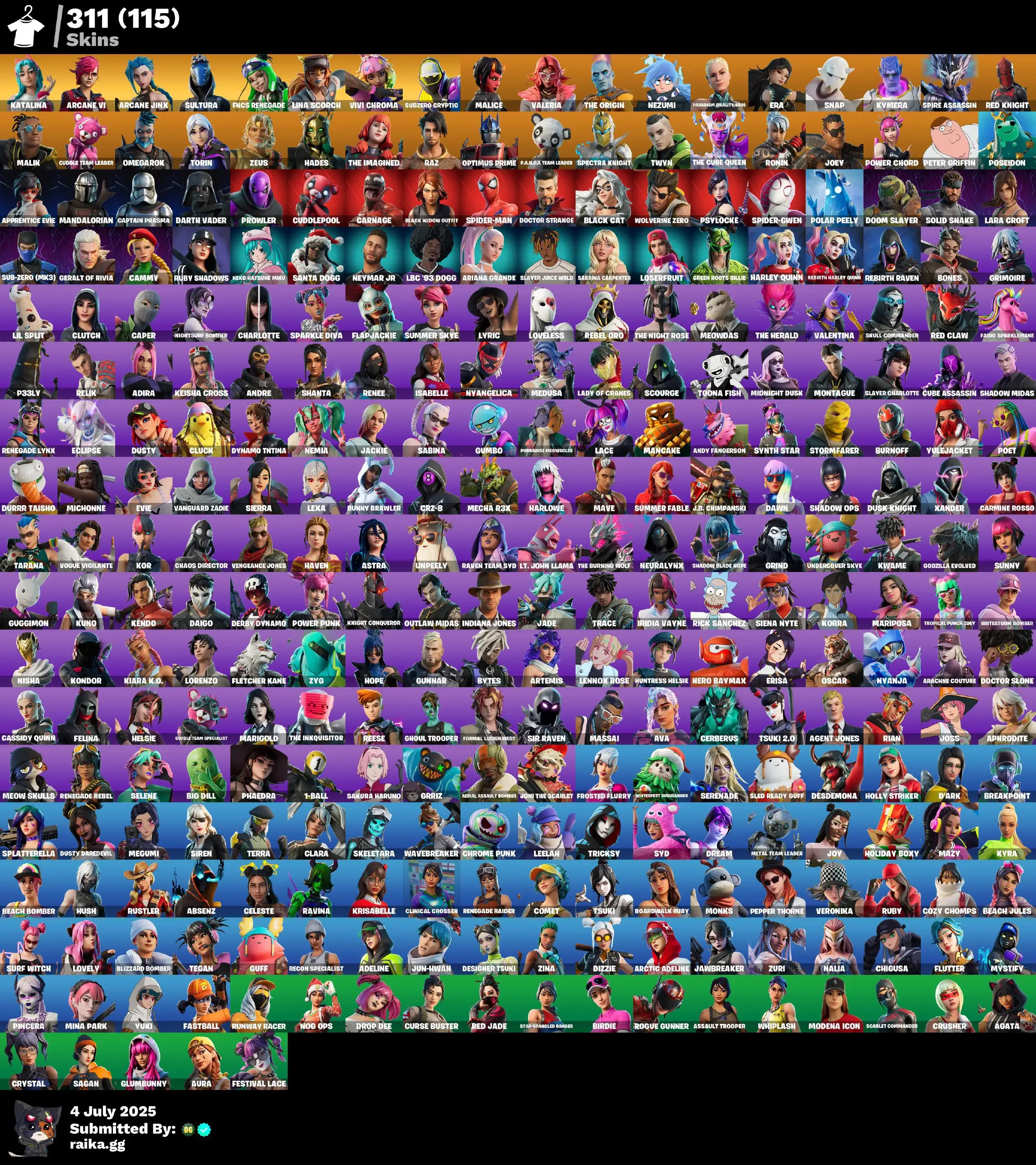 311 Skins · 115 Paid · Renegade Raider, Aerial Assault Bomber, Darth Vader, Peter Griffin & More!