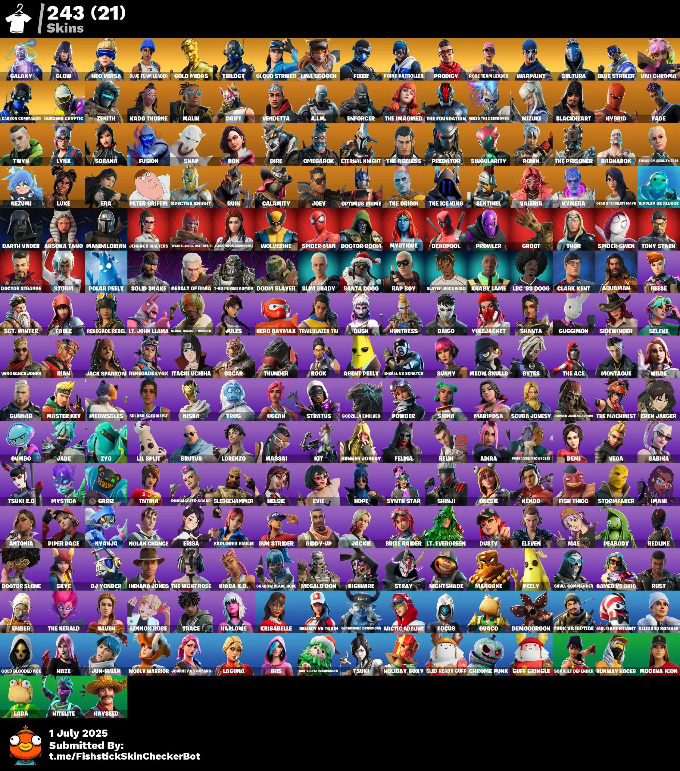243 Skins  · OG STW | Galaxy, Aerial Assault Bomber, Rose Team Leader, Peter Griffin & More