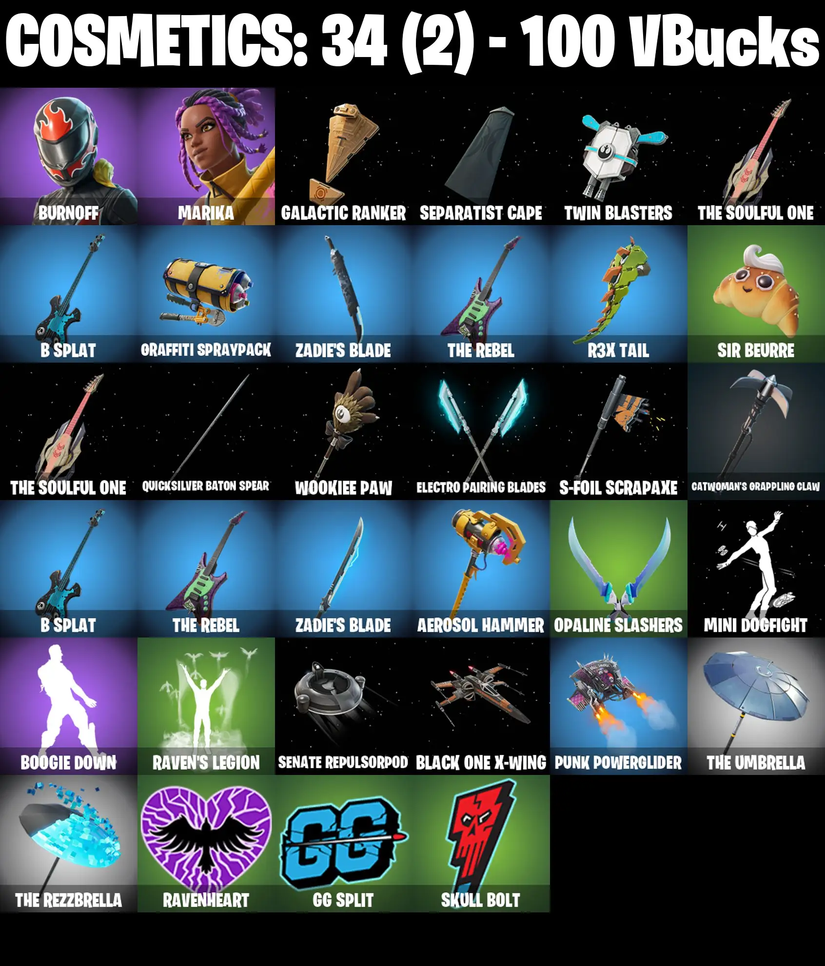 [PC/PSN/XBOX] 2 skins | Burnoff | Marika | Galactic Ranker | Separatist Cape | Twin Blasters | The Soulful One | B Splat | Graffiti Spraypack | 100 VB