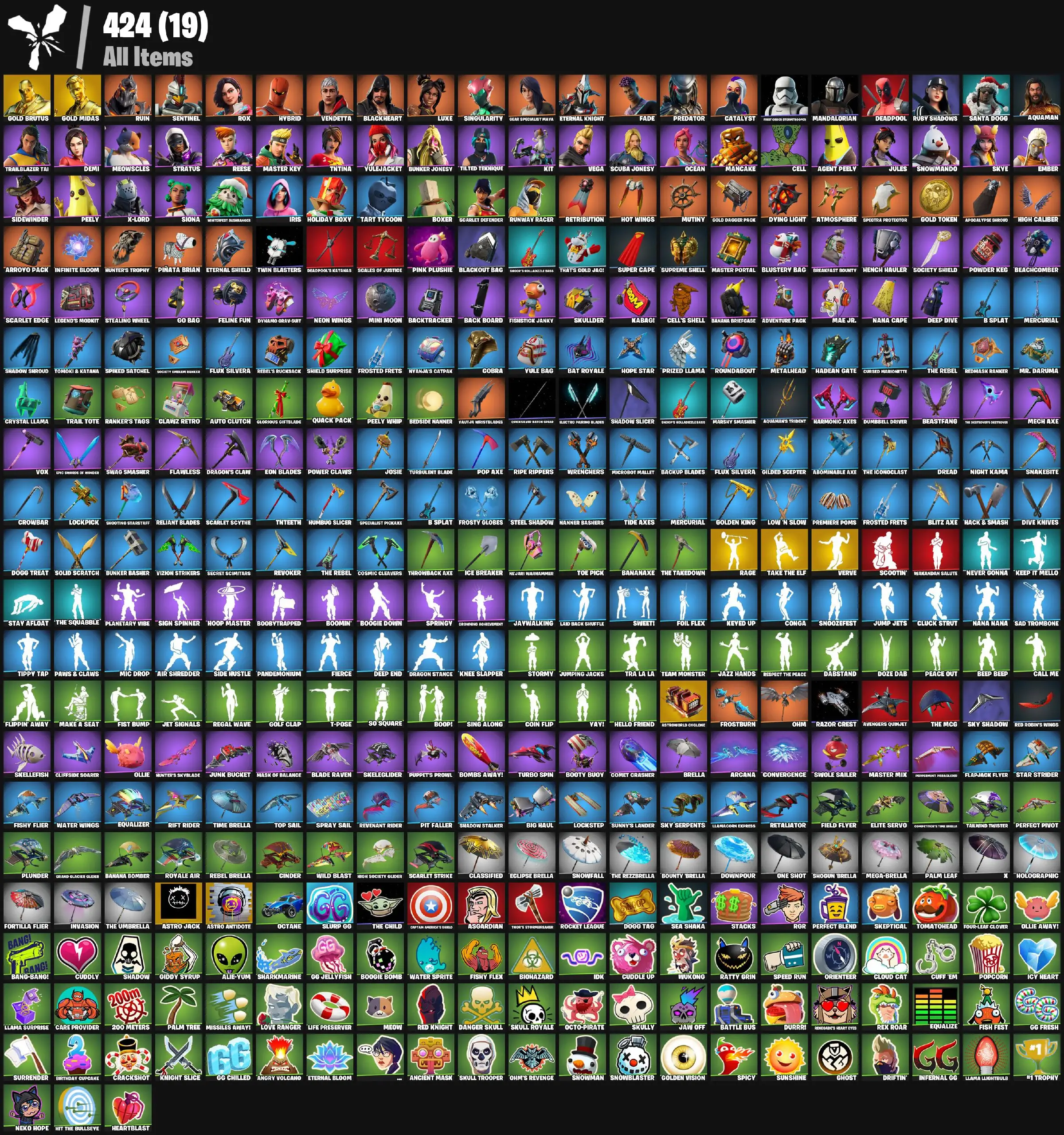 [PC/XBOX] 53 skins | Gold Brutus | Gold Midas | Tart Tycoon | Neon Wings | Clawz Retro | Shooting Starstaff | Verve | Take The Elf | Rage | Boogie Down 