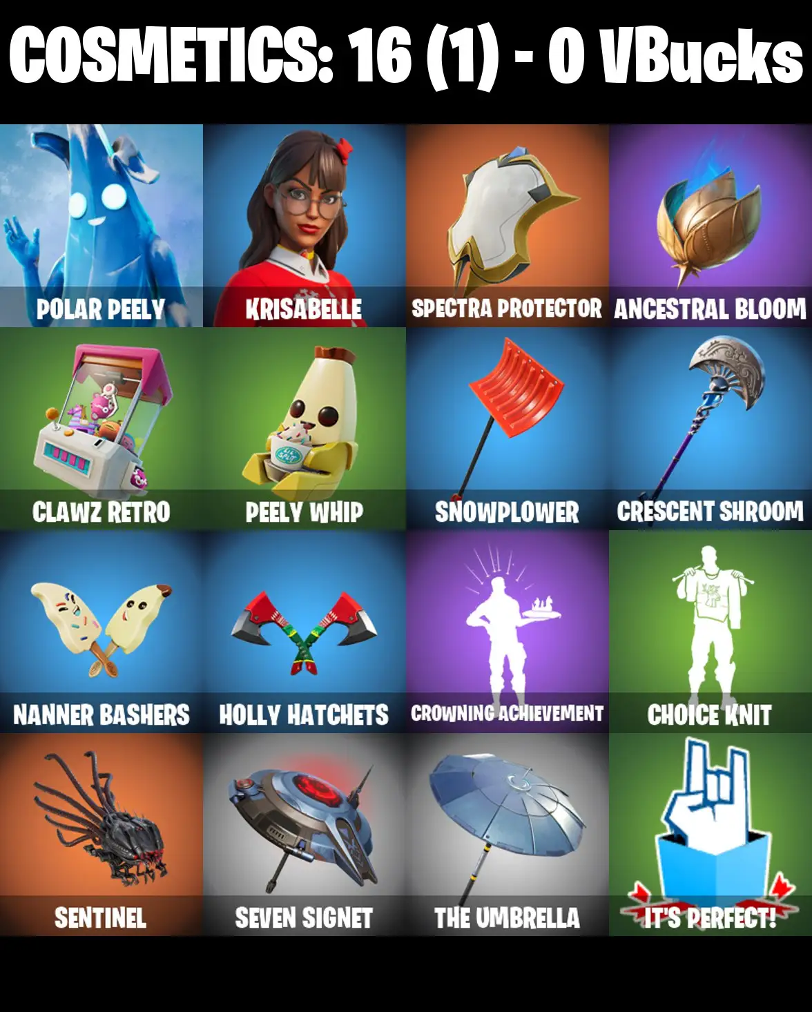 [PC/PSN/XBOX] 2 skins | Polar Peely | Krisabelle | Spectra Protector | Ancestral Bloom | Clawz Retro | Peely Whip | Snowplower | Crescent Shroom | 0 VB