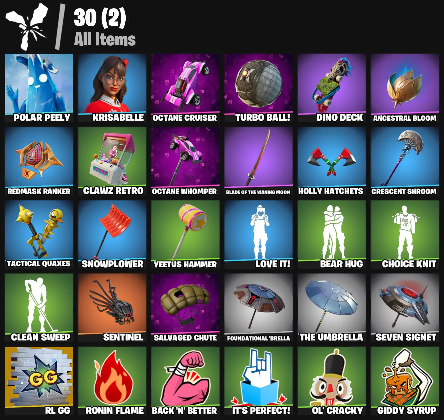 [PC/PSN/XBOX] 2 skins | Polar Peely | Krisabelle | Octane Cruiser | Turbo Ball! | Dino Deck | Ancestral Bloom | Redmask Ranker | Clawz Retro | 0 VB