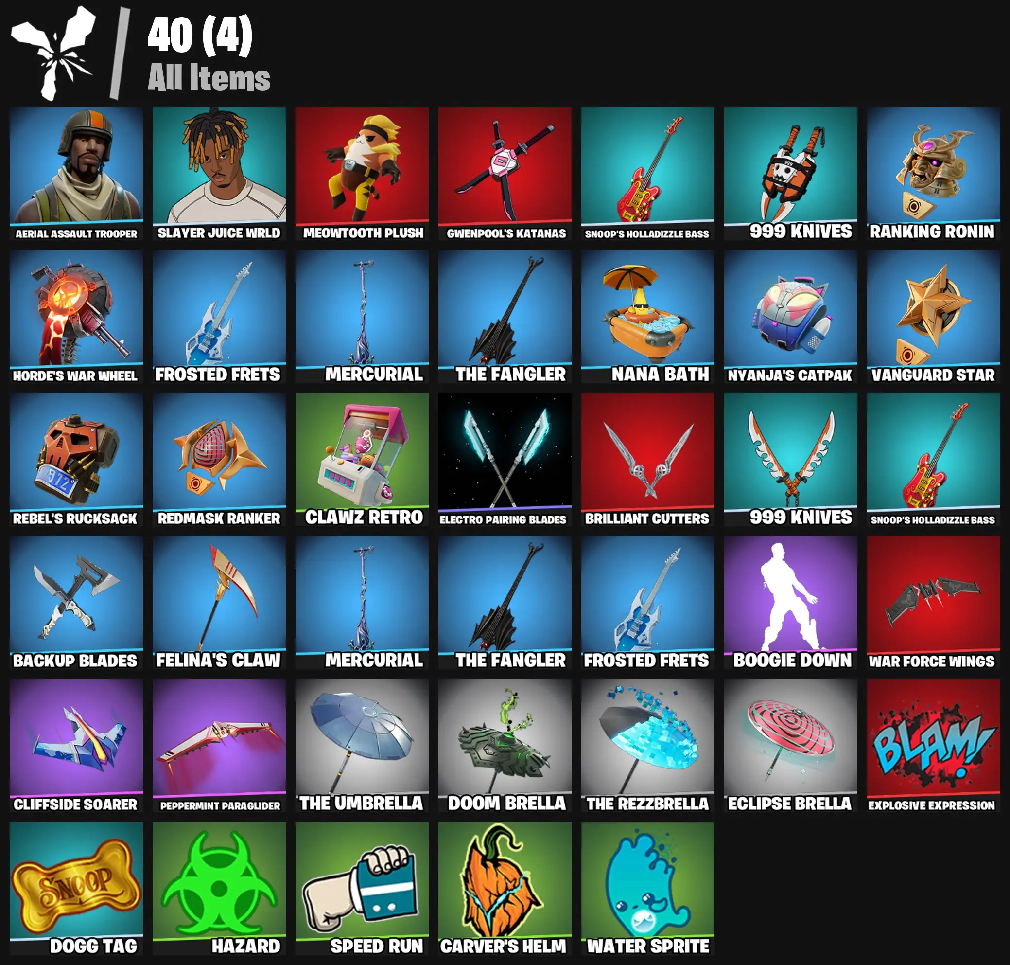 [PC/PSN/XBOX] 2 skins | Aerial Assault Trooper | Slayer Juice WRLD | Meowtooth Plush | Gwenpool's Katanas | Snoop's Holladizzle Bass | 999 Knives | 100 VB