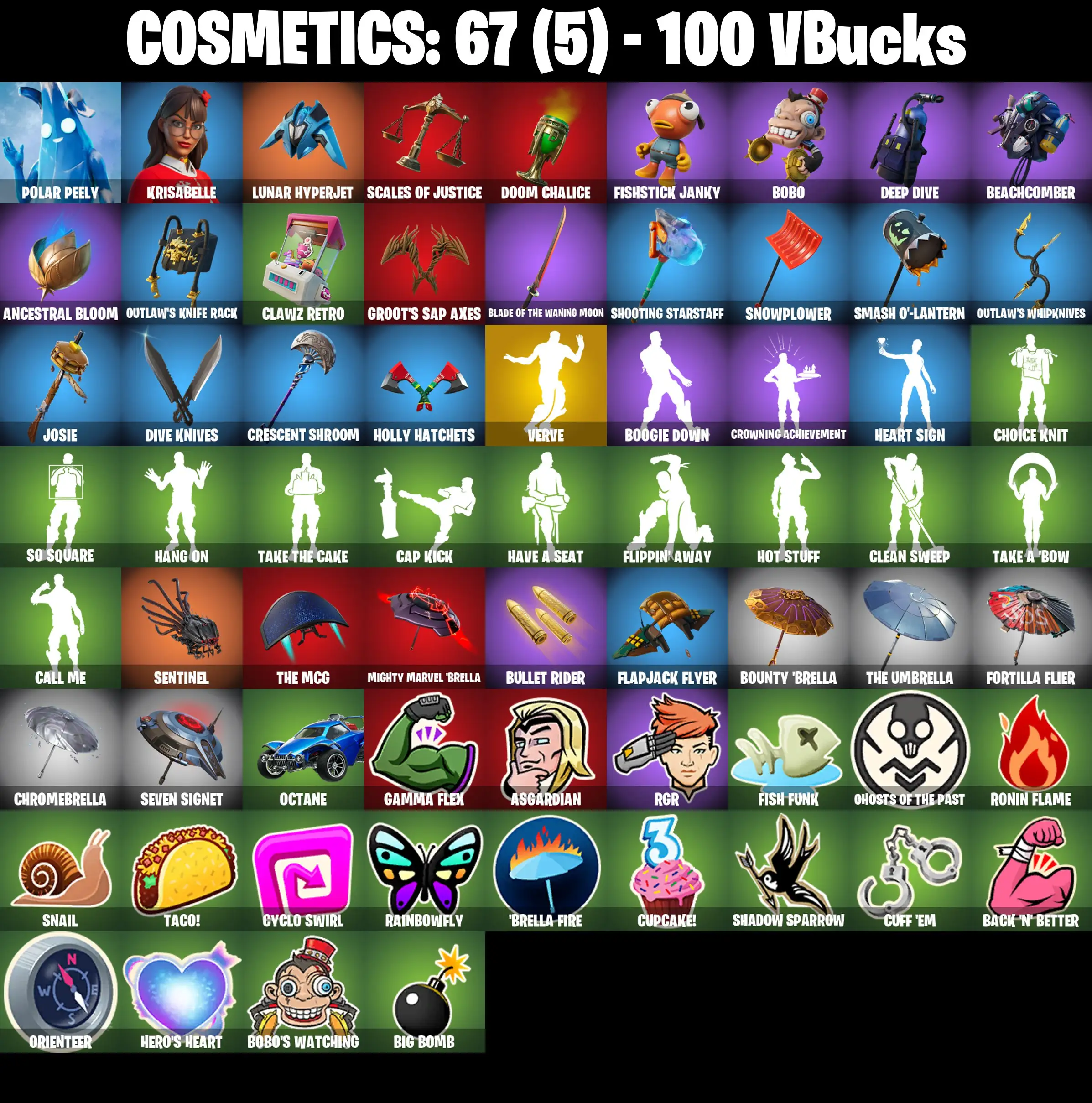 [PC/PSN/XBOX] 2 skins | Verve | Polar Peely | Krisabelle | Lunar Hyperjet | Scales of Justice | Doom Chalice | Fishstick Janky | Bobo | Deep Dive | 100 VB