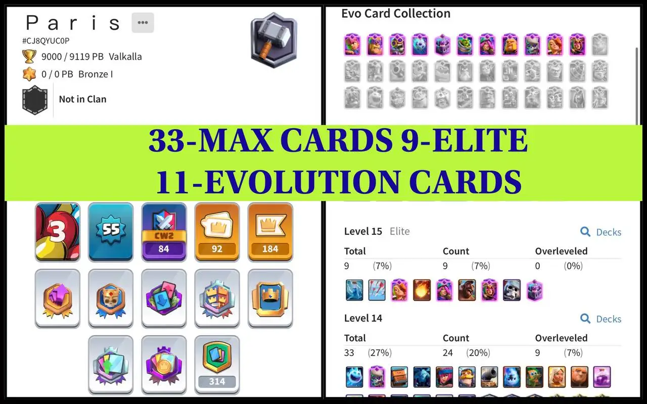 👑LVL-55👑33 MAX CARD - 9 ELITES💥 11-EVO CARDS🍁9000-TROPHIES🏆KT-15💫ARENA-23🔥119 CARDS ❄️9 -KT SKINS💥92 EMOTES🫧CHEAP👀INSTANT DELIVERY🚀