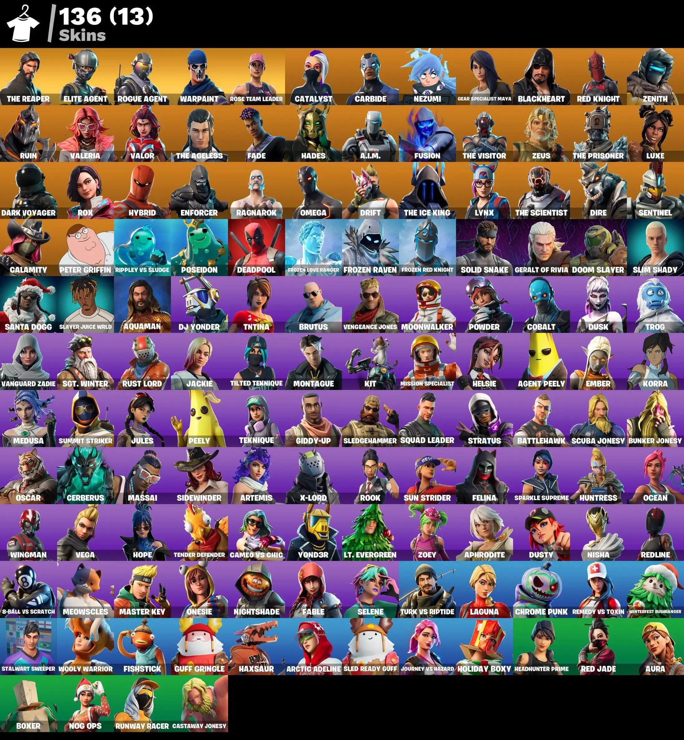 136 skins | OG STW | The Reaper | Elite Agent | Take The L | Rogue Agent | Catalyst | Carbide | Nezumi | Gear Specialist Maya | Blackheart | 720 VB