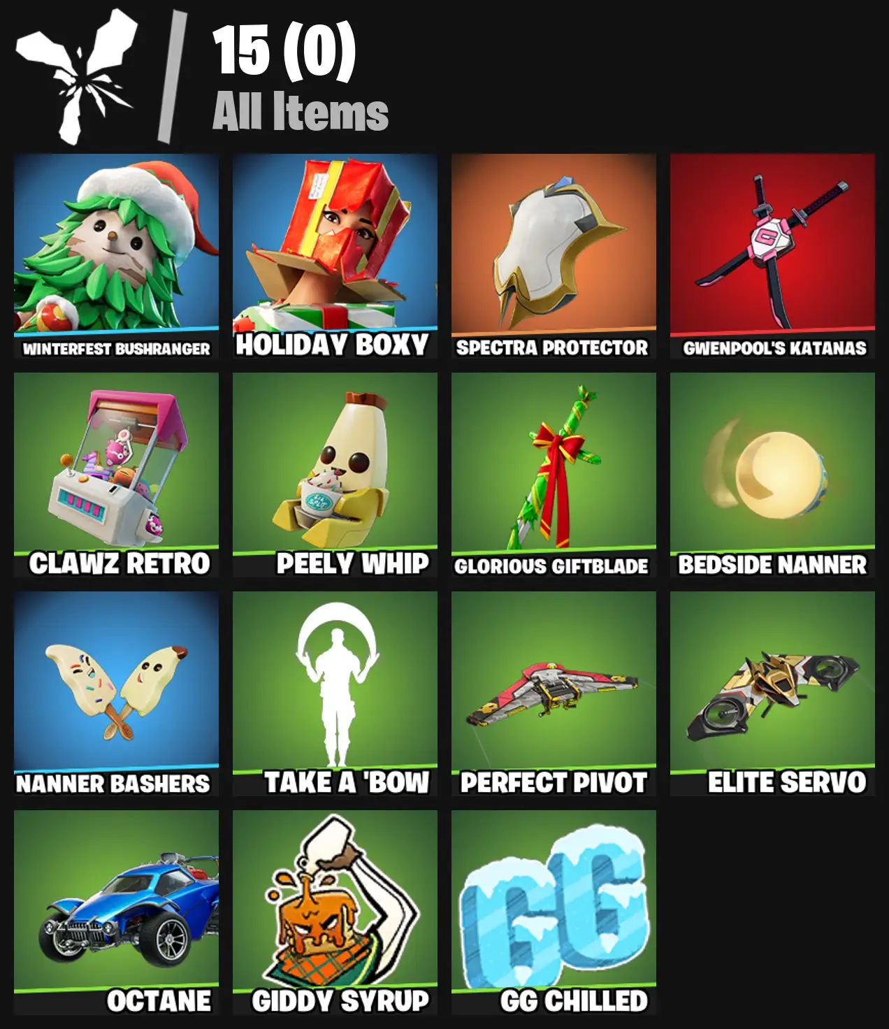 [PC/PSN/XBOX] 2 skins | Winterfest Bushranger | Holiday Boxy | Spectra Protector | Gwenpool's Katanas | Clawz Retro | Peely Whip | 100 VB