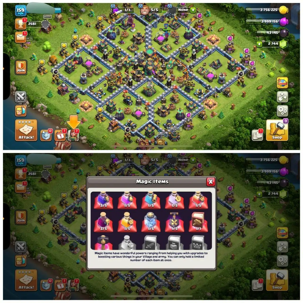 {56% DISCOUNT} TH14 NEAR MAX BASE⚡️3 EPIC EQUIPMENTS⚡️XP- 159⚡️HERO 57-68-43-46-15⚡️BLUE WALLS ⚡️2744 GEMS⚡️3 SKINS⚡️MAGIC ITEMS ⚡️NC FREE⚡️OP LAB ⚡️INSTANT DELIVERY 🚚