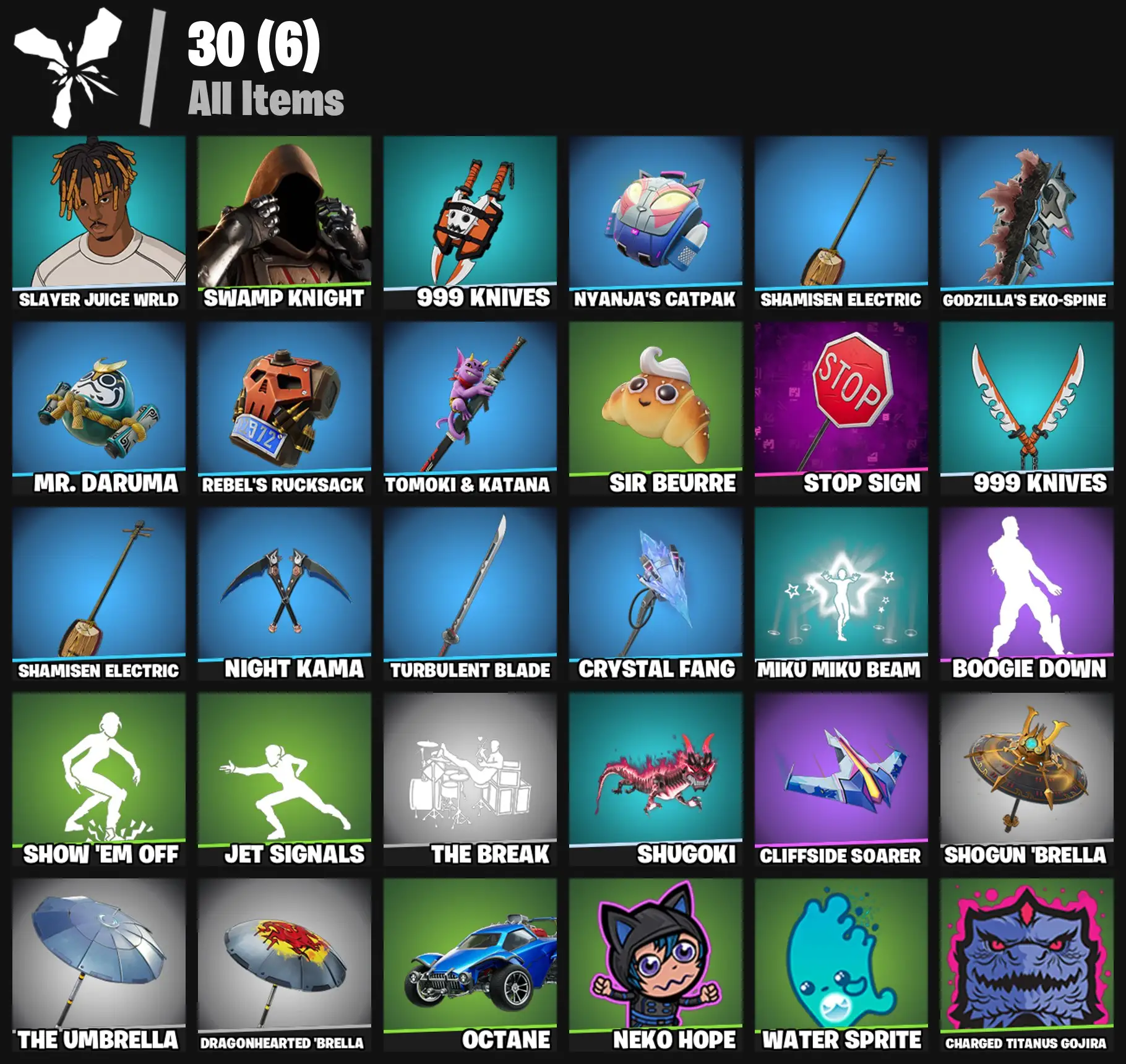 [PC/PSN/XBOX] 2 skins | Slayer Juice WRLD | Swamp Knight | 999 Knives | Nyanja's Catpak | Shamisen Electric | Godzilla's Exo-Spine | Mr. Daruma | 100 VB