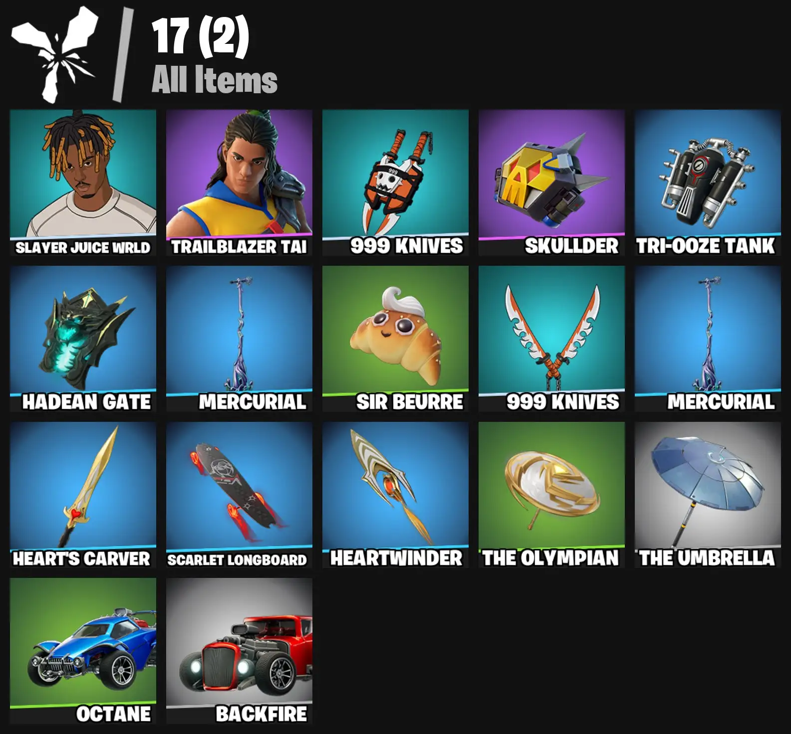 [PC/PSN/XBOX] 2 skins | Slayer Juice WRLD | Trailblazer Tai | 999 Knives | Skullder | Tri-Ooze Tank | Hadean Gate | Mercurial | Sir Beurre | 0 VB