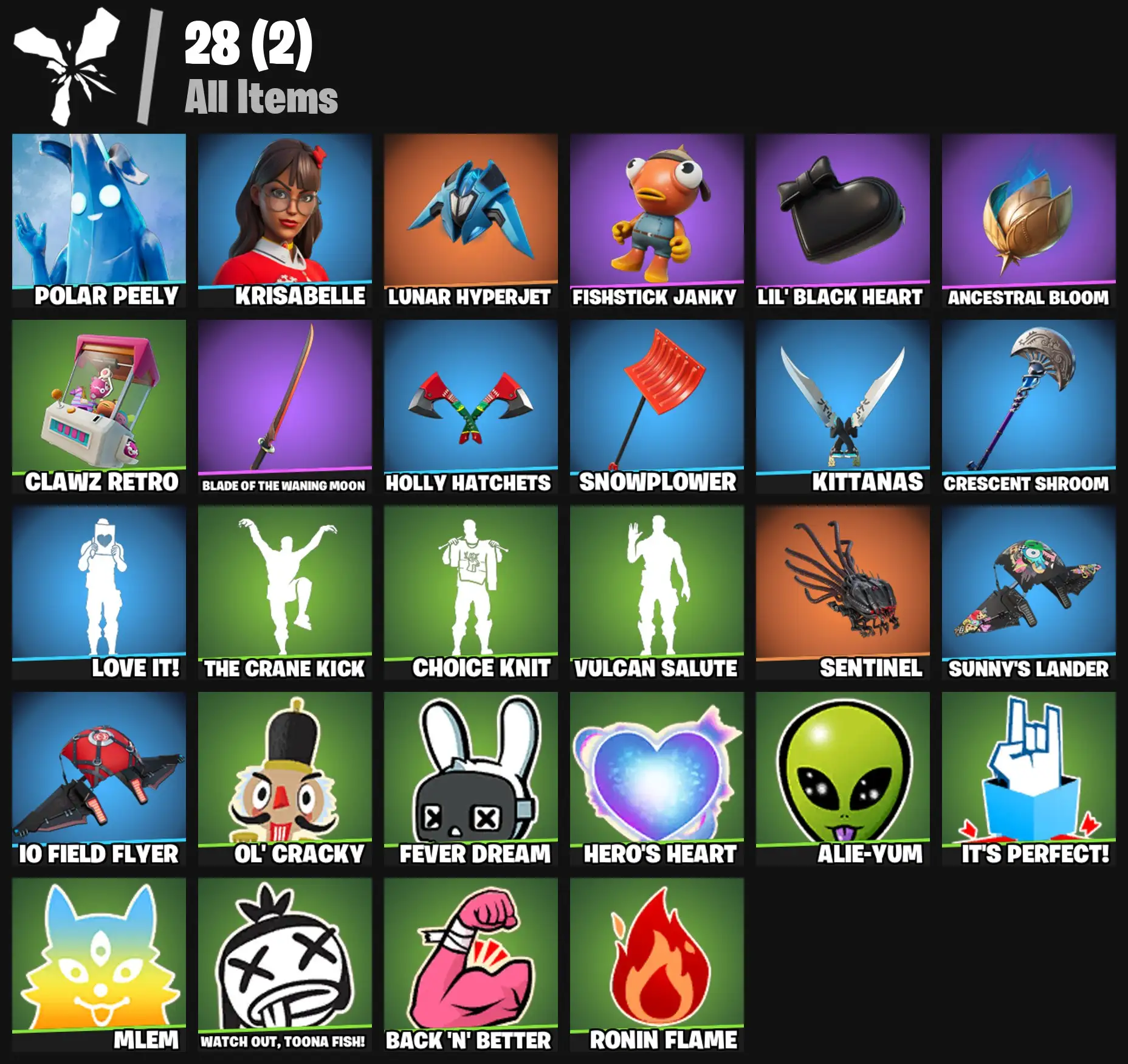 [PC/PSN/XBOX] 2 skins | Polar Peely | Krisabelle | Lunar Hyperjet | Fishstick Janky | Lil' Black Heart | Ancestral Bloom | Clawz Retro | 100 VB
