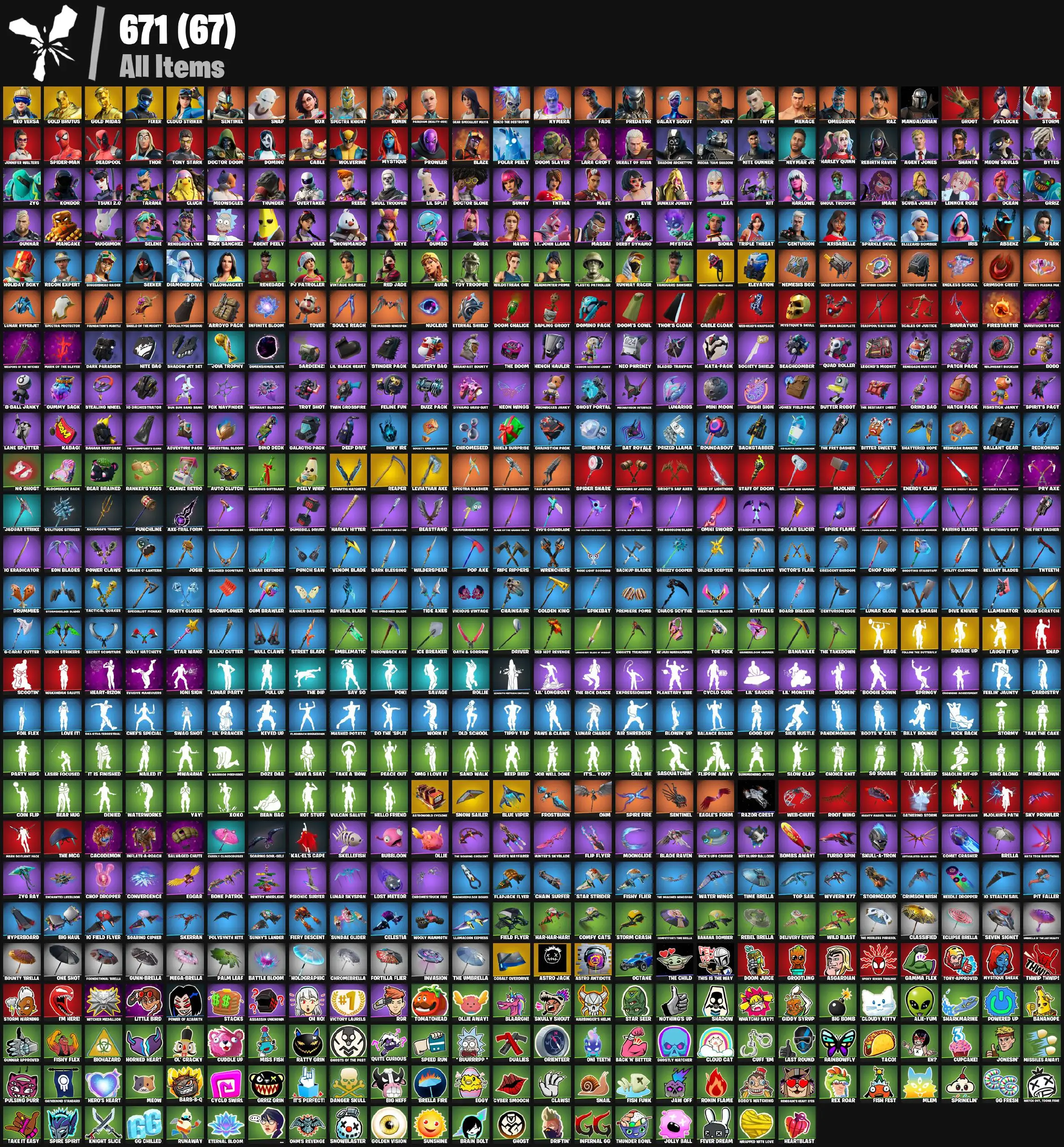 [PC/PSN/XBOX] 121 skins | Neo Versa | Gold Midas | Gold Brutus | Fixer | Cloud Striker | Neon Wings | Neo Phrenzy | Mountaineer's Must-Haves | Elevation