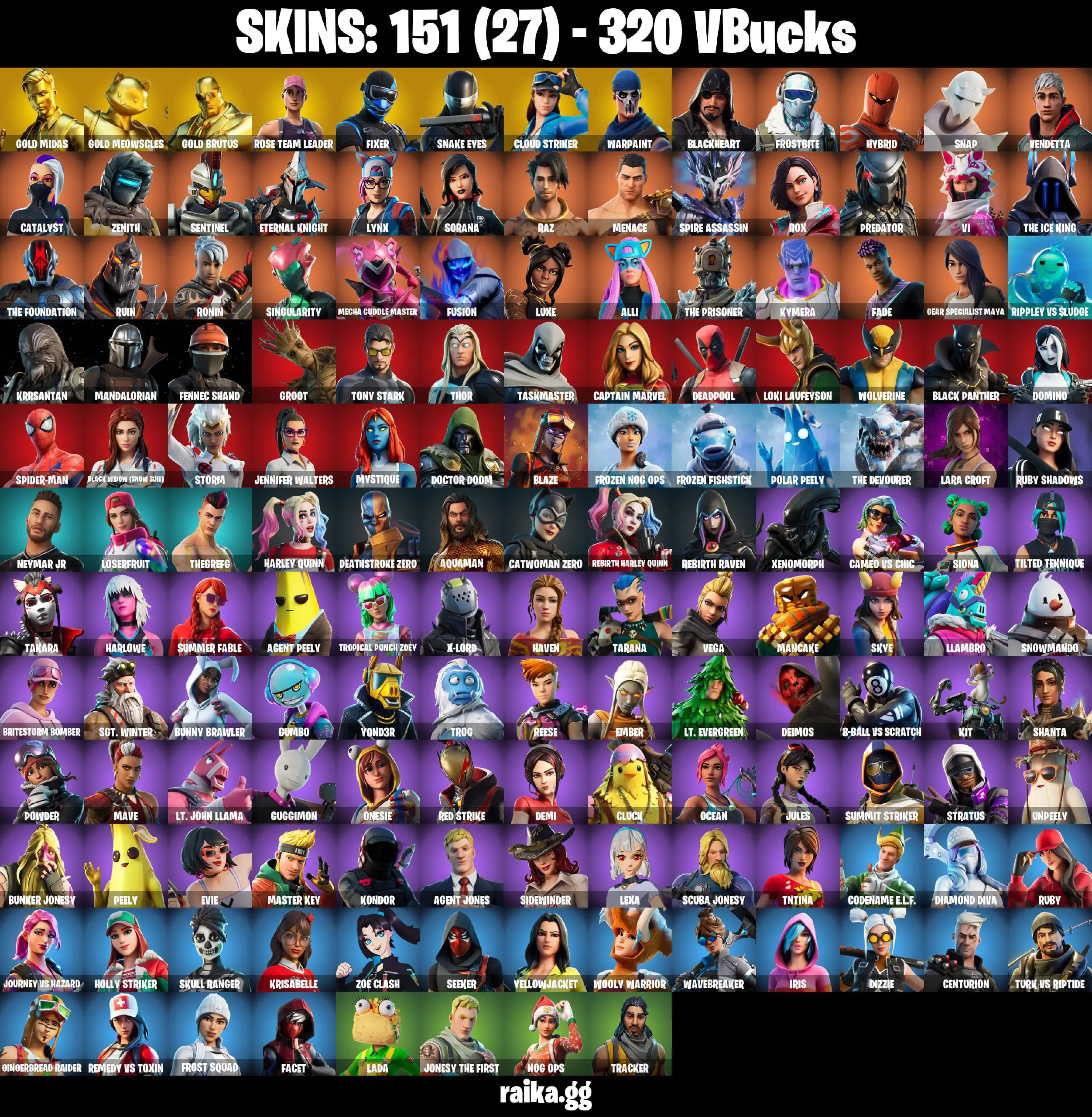 [PC/PSN/XBOX] 151 skins | OG STW | Gold Midas | Gold Meowscles | Gold Brutus | Fixer | Snake Eyes | Cloud Striker | Blackheart | Frostbite