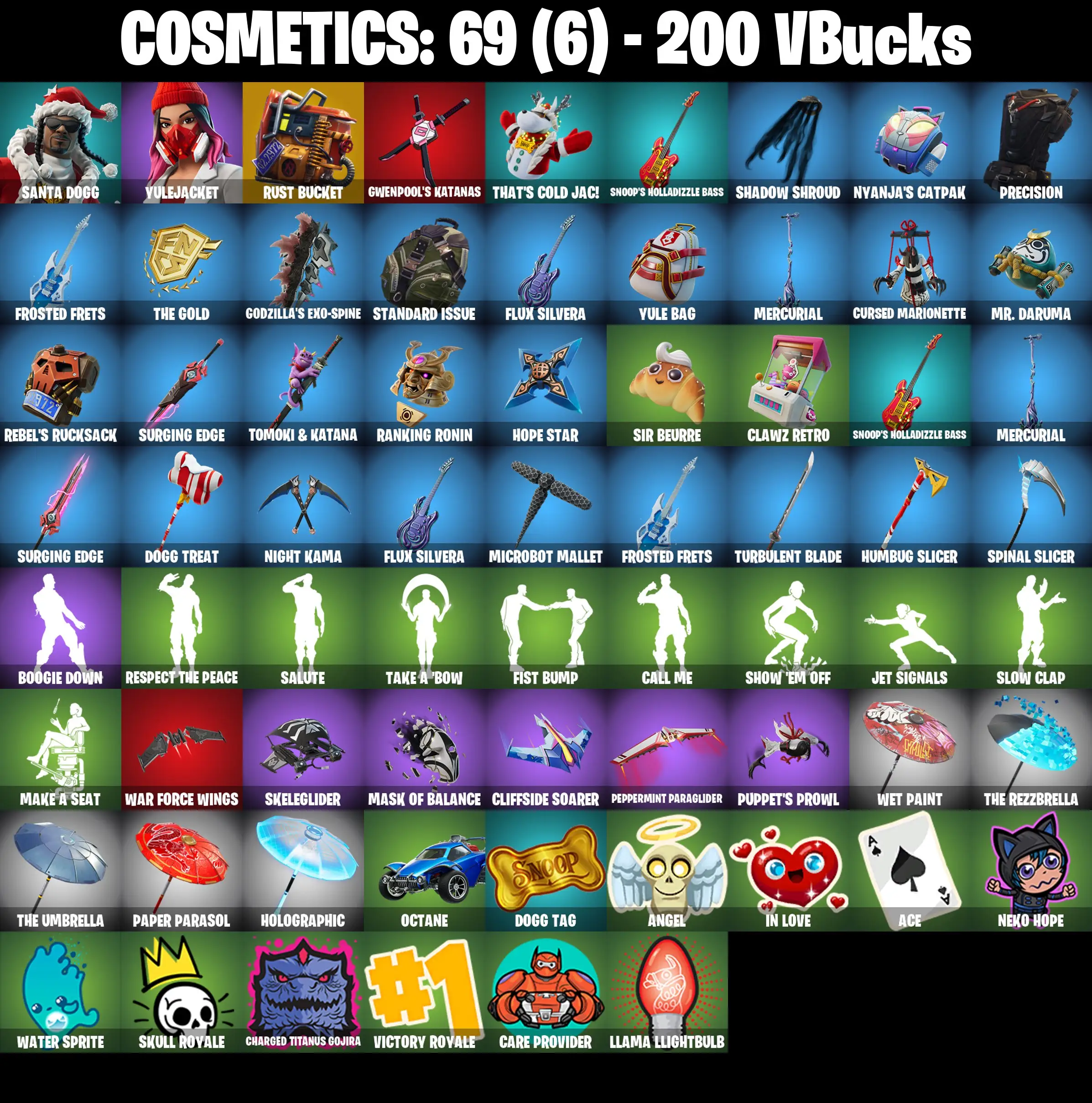 [PC/PSN/XBOX] 2 skins | Rust Bucket | Santa Dogg | Yulejacket | Gwenpool's Katanas | That's Cold Jac! | Snoop's Holladizzle Bass | Shadow Shroud | 200 VB