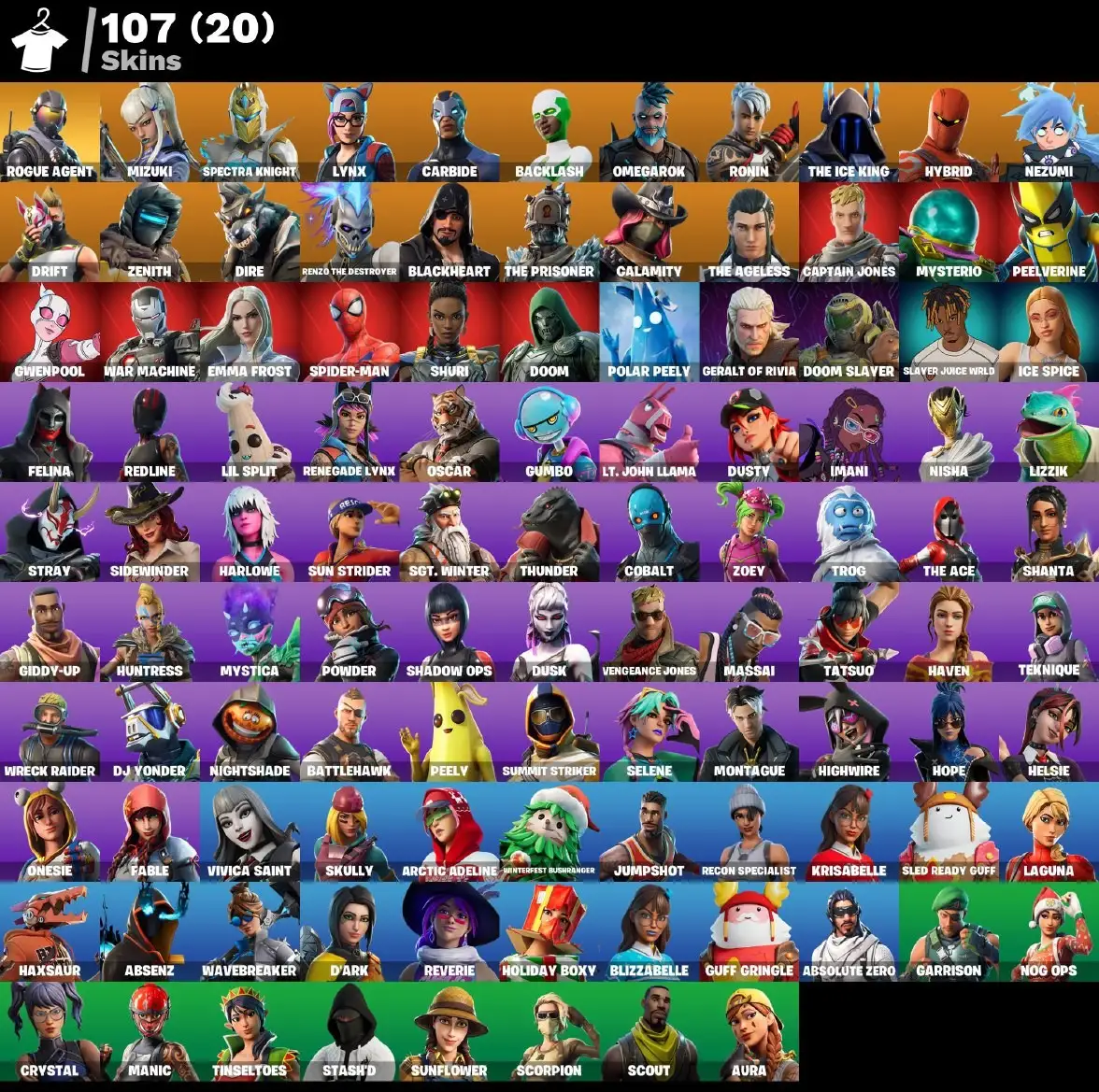 107 skins | Rogue Agent | Mizuki | Spectra Knight | Lynx | Carbide | Backlash | Omegarok | Ronin | The Ice King | Hybrid | Nezumi | Drift | 250 VB