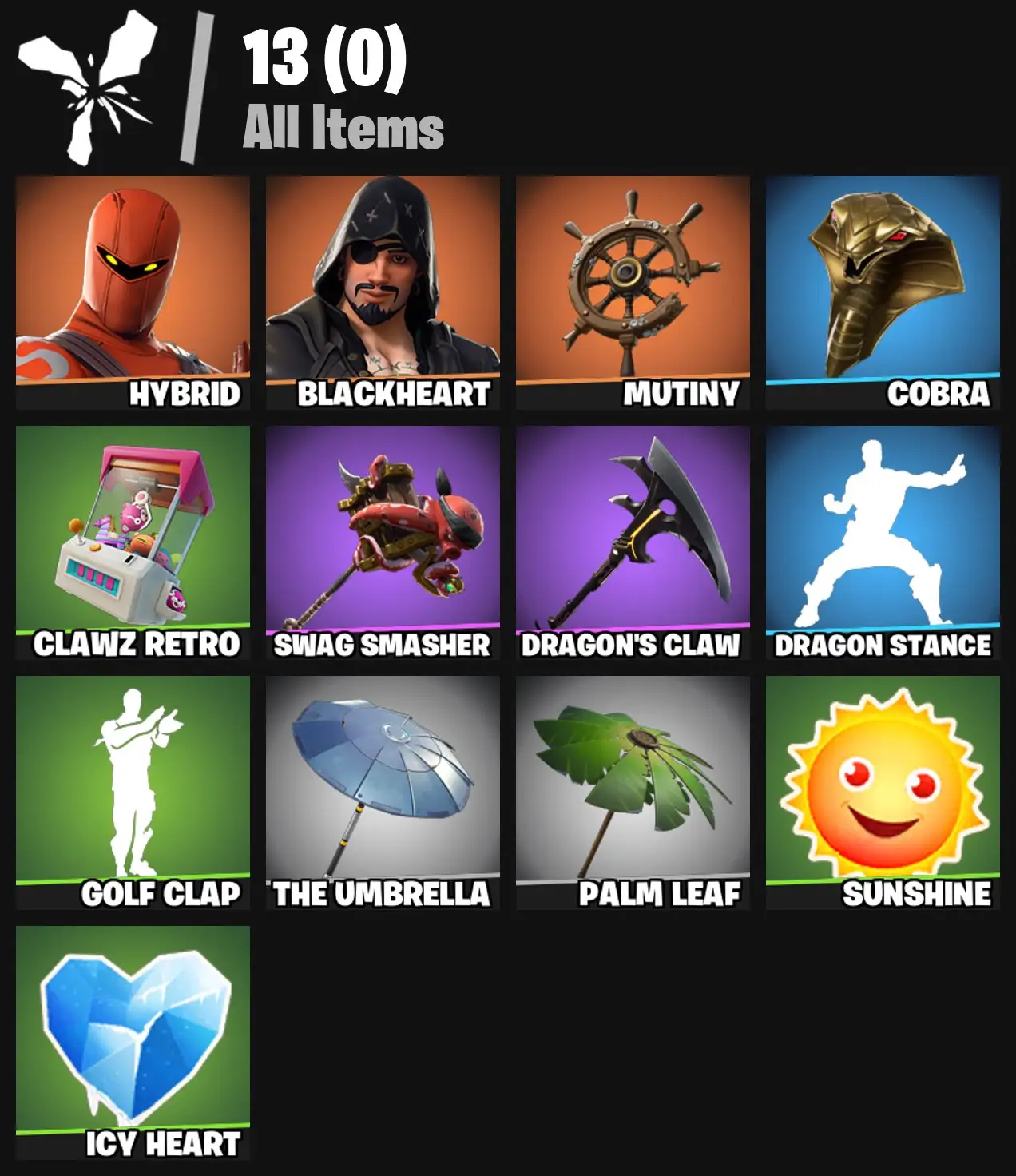 [PC/PSN/XBOX] 2 skins | Hybrid | Blackheart | Mutiny | Cobra | Clawz Retro | Swag Smasher | Dragon's Claw | Dragon Stance | Golf Clap | The Umbrella | 200 VB