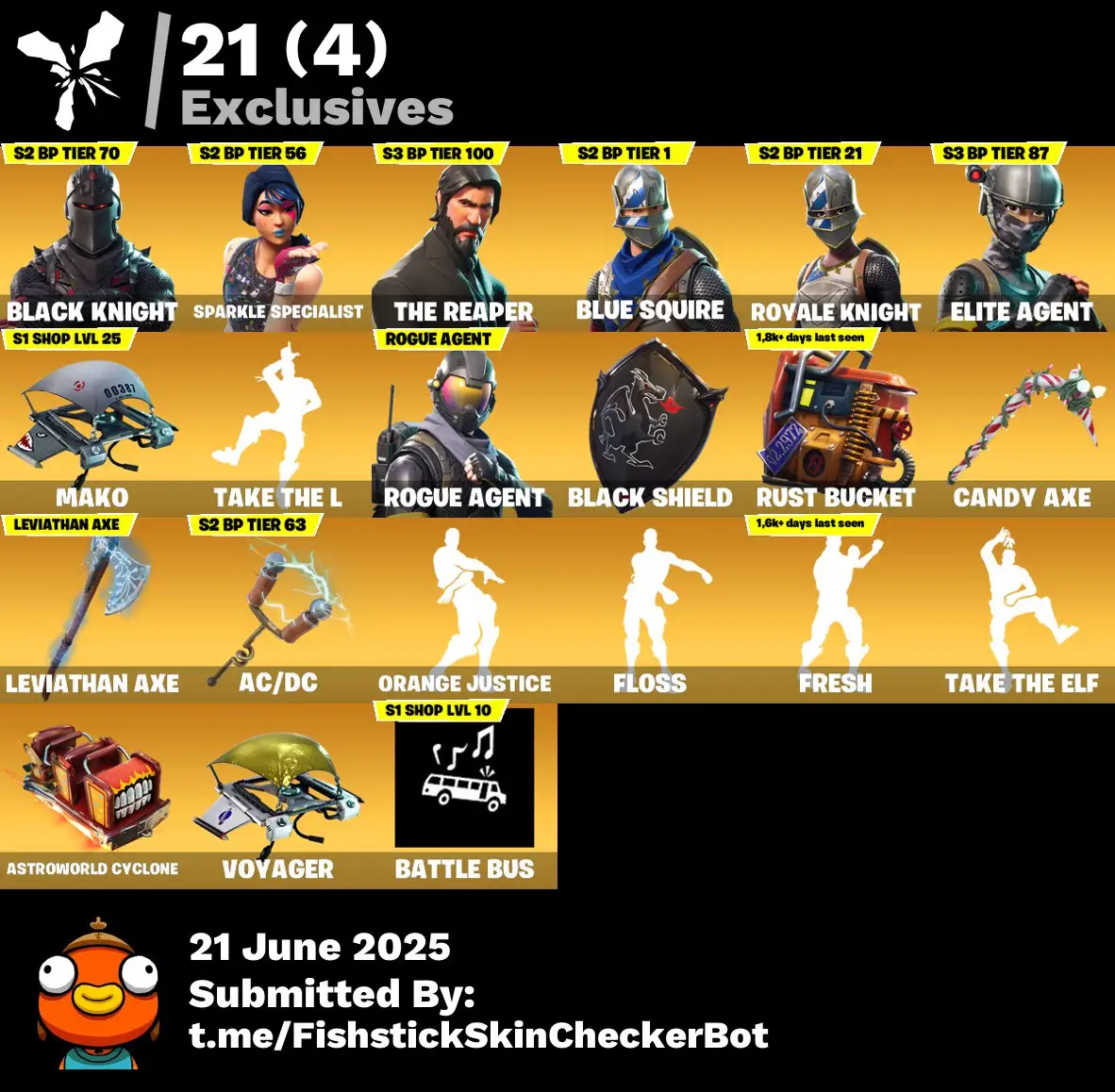 107 Skins | Black Knight, The Reaper, Royale Knight, Leviathan Axe, Floss | 650 VB | +mail