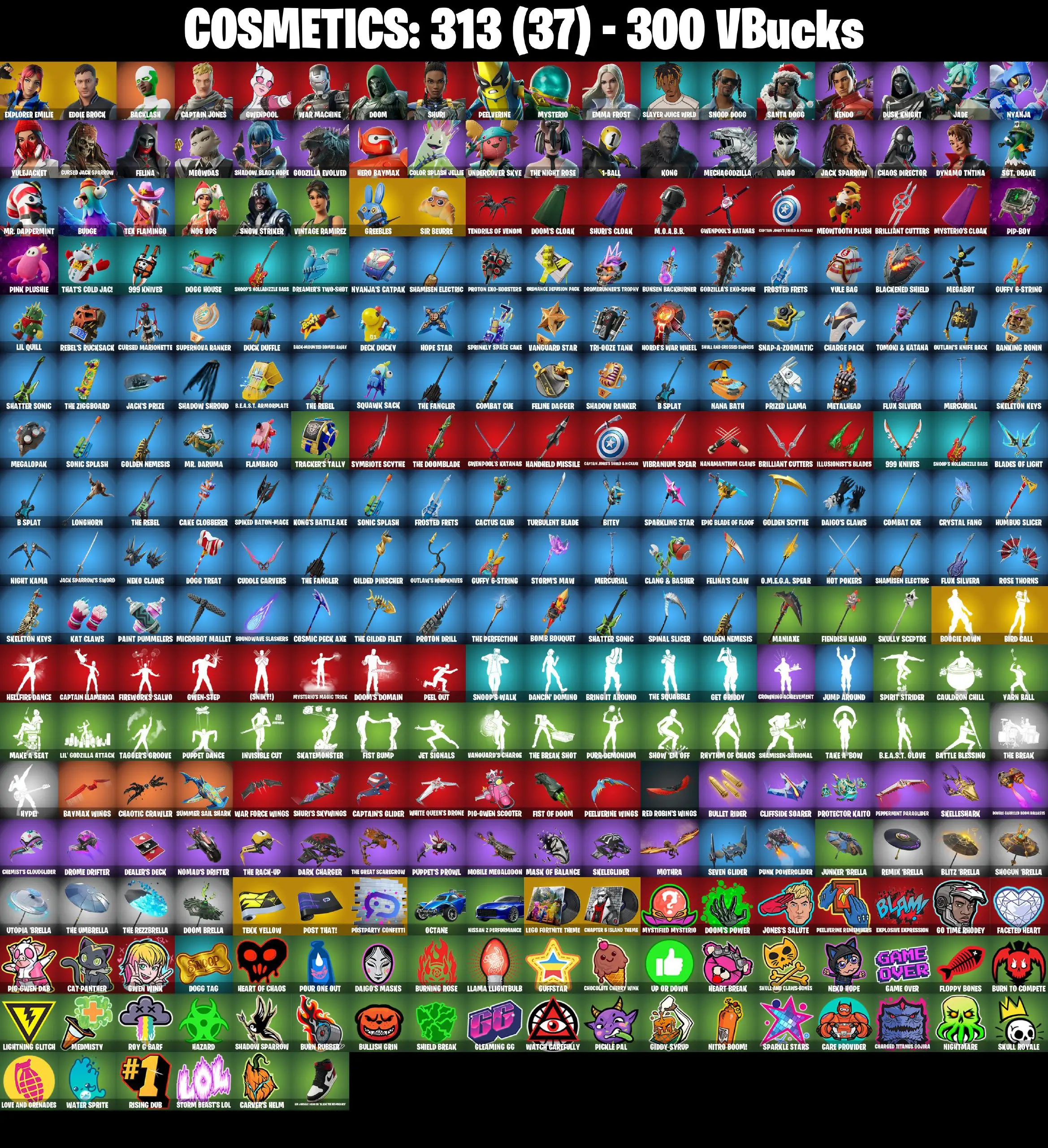 [PC/PSN/XBOX] 42 skins | Explorer Emilie | Eddie Brock | Greebles | Sir Beurre | Boogie Down | Bird Call | Backlash | Captain Jones | Gwenpool | War Machine