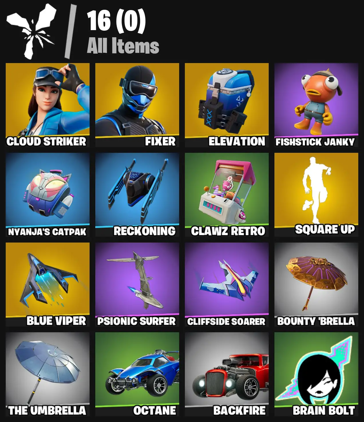 [PC/PSN/XBOX] 2 skins | Cloud Striker | Fixer | Elevation | Square Up | Blue Viper | Fishstick Janky | Nyanja's Catpak | Reckoning | Clawz Retro | 200 VB