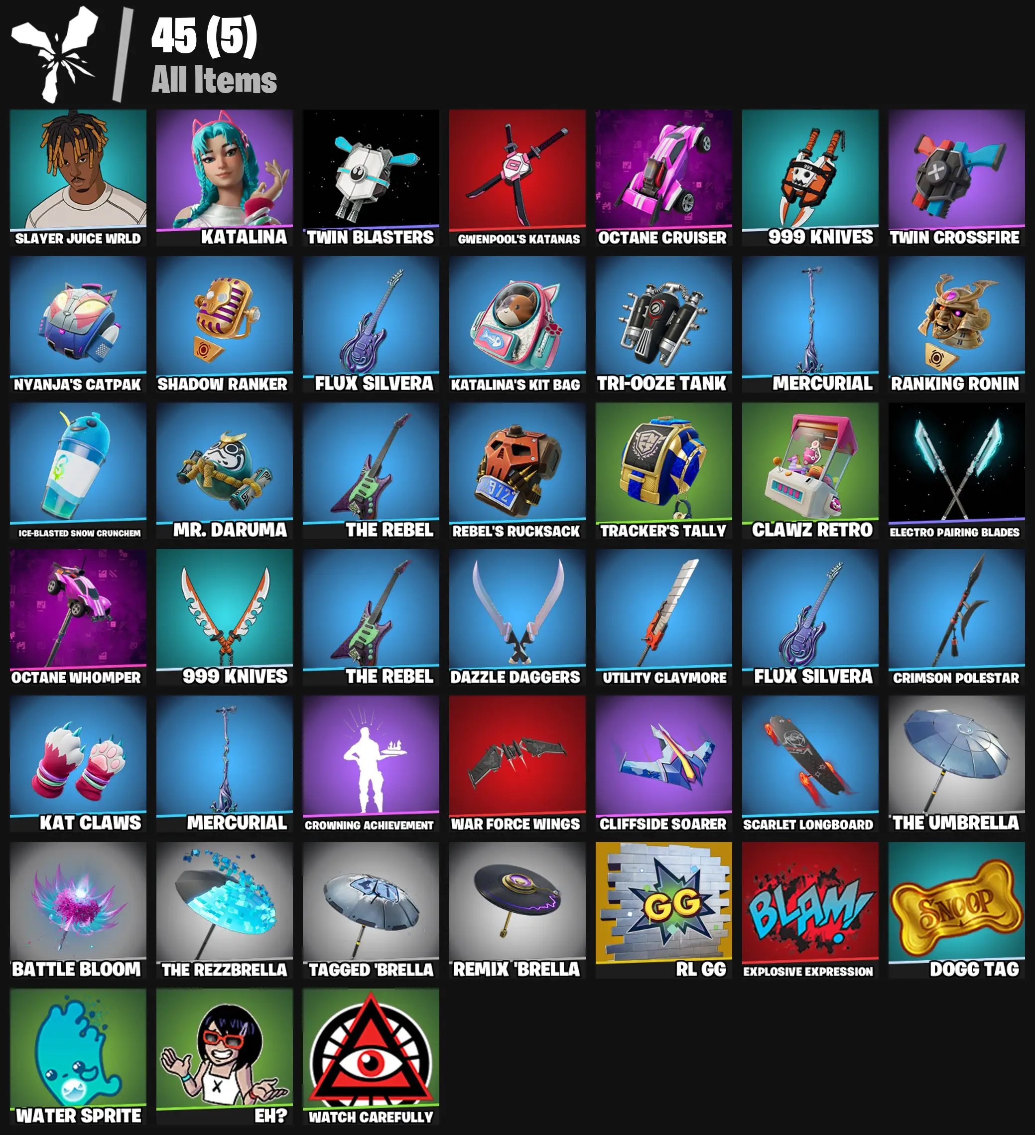 [PC/PSN/XBOX] 2 skins | Slayer Juice WRLD | Katalina | Twin Blasters | Gwenpool's Katanas | Octane Cruiser | 999 Knives | Twin Crossfire | 400 VB