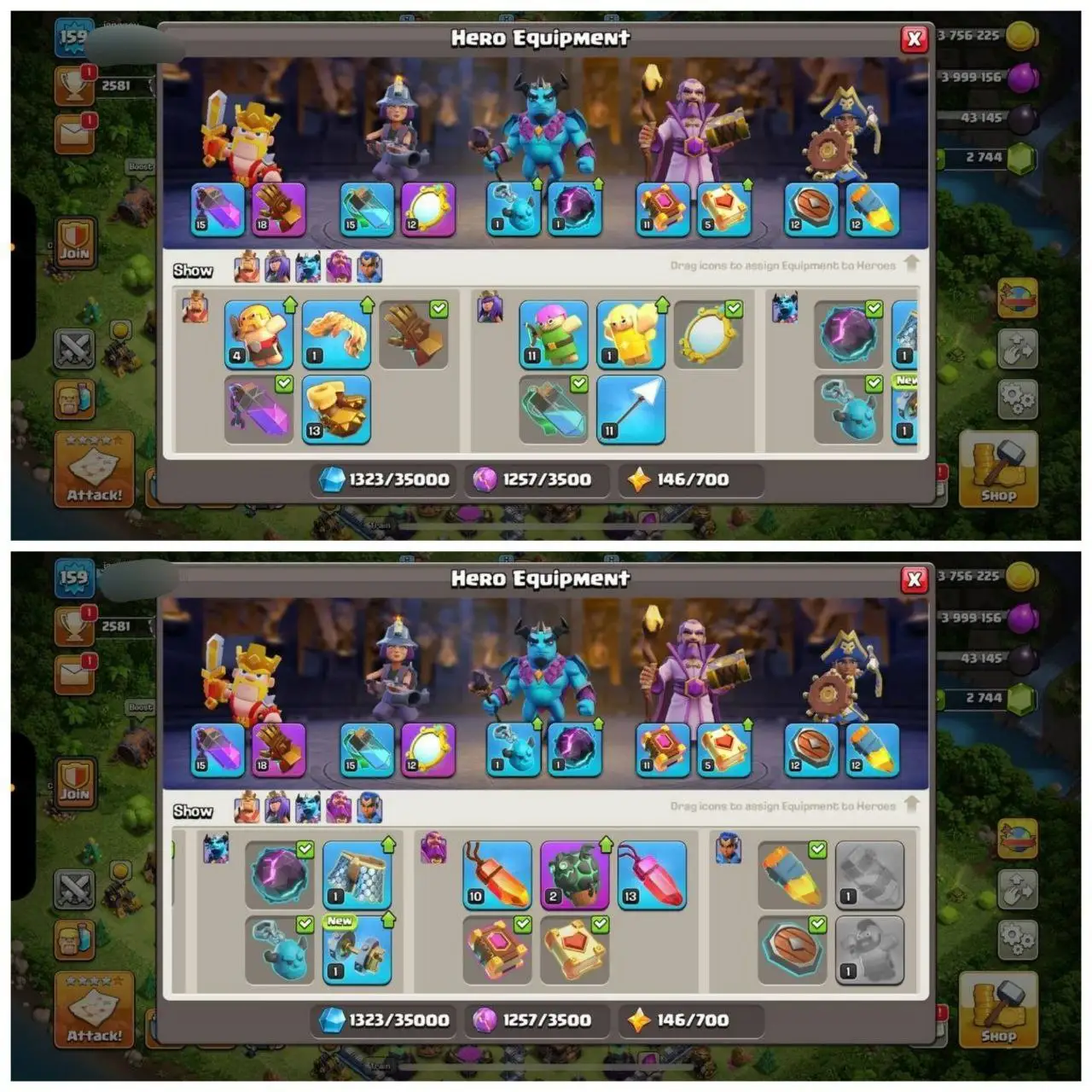 {56% DISCOUNT} TH14 NEAR MAX BASE⚡️3 EPIC EQUIPMENTS⚡️XP- 159⚡️HERO 57-68-43-46-15⚡️BLUE WALLS ⚡️2744 GEMS⚡️3 SKINS⚡️MAGIC ITEMS ⚡️NC FREE⚡️OP LAB ⚡️INSTANT DELIVERY 🚚