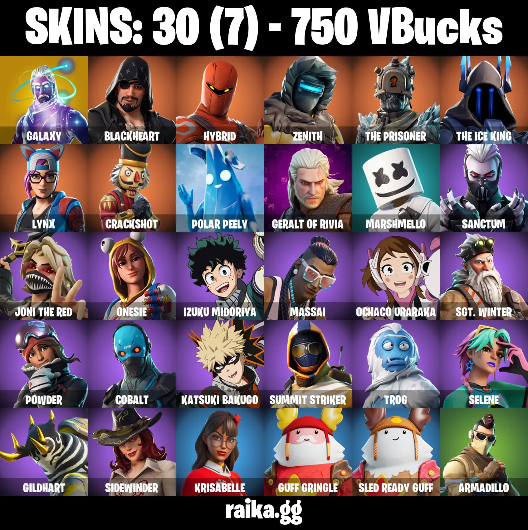 PC 30 skins | Galaxy | The Prisoner | Lynx | Hybrid | Crackshot | The Ice King | Zenith | Blackheart | Polar Peely | 650 VB