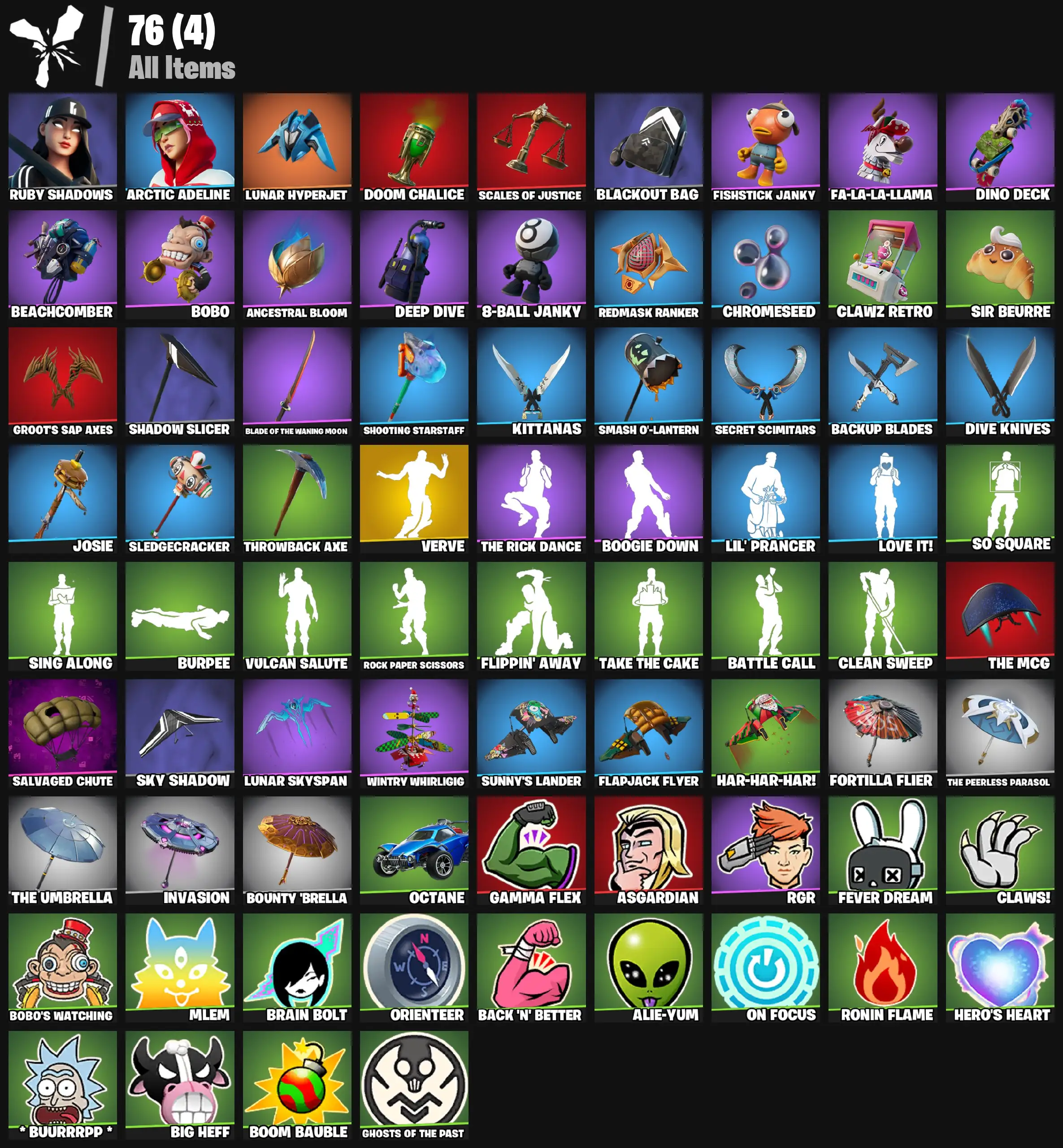 [PC/PSN/XBOX] 2 skins | Verve | Ruby Shadows | Arctic Adeline | Lunar Hyperjet | Doom Chalice | Scales of Justice | Blackout Bag | Fishstick Janky | 0 VB