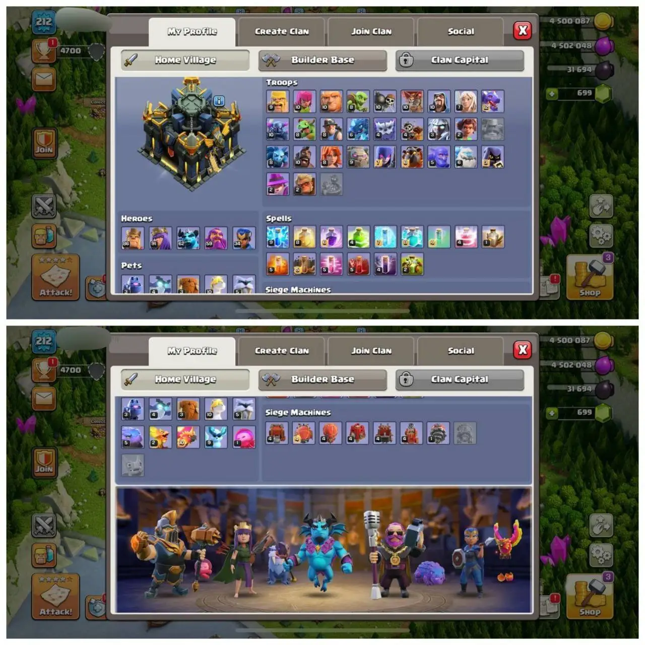 {69% DISCOUNT} TH17 NEAR MAX⚡️XP- 212 ⚡️7 EPIC EQUIPMENTS⚡️HERO 86-91-62-59-34⚡️GOLDEN WALLS ⚡️699 GEMS ⚡️6 SKINS⚡️MAGIC ITEMS⚡️NC 500⚡️OP LAB ⚡️INSTANT DELIVERY 🚚