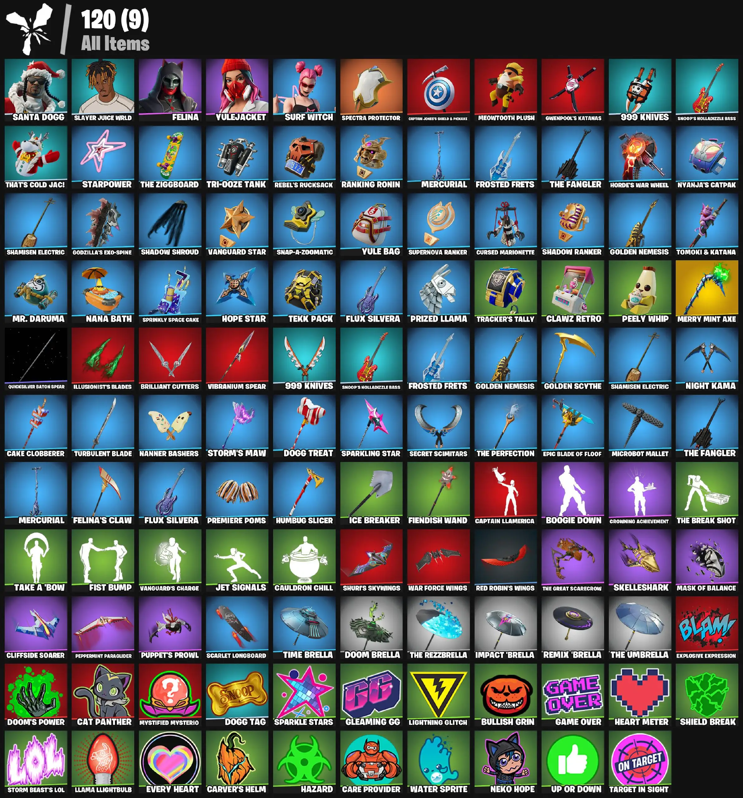 [PC/PSN] 5 skins | Merry Mint Axe | Santa Dogg | Slayer Juice WRLD | Felina | Yulejacket | Surf Witch | Spectra Protector | 300 VB