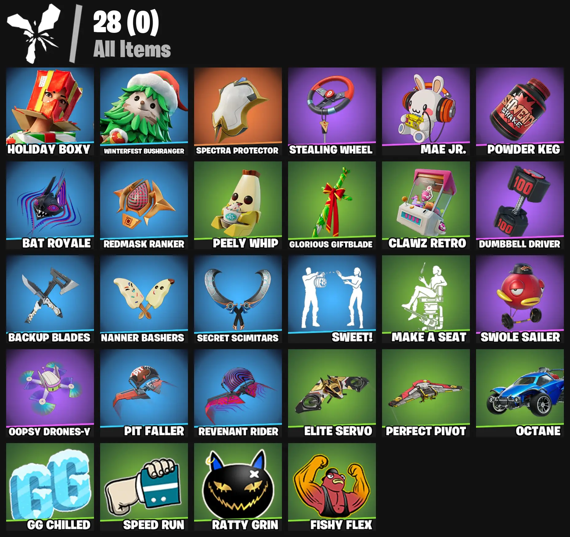 [PC/PSN/XBOX] 2 skins | Holiday Boxy | Winterfest Bushranger | Spectra Protector | Stealing Wheel | Mae Jr. | Powder Keg | Bat Royale | 300 VB