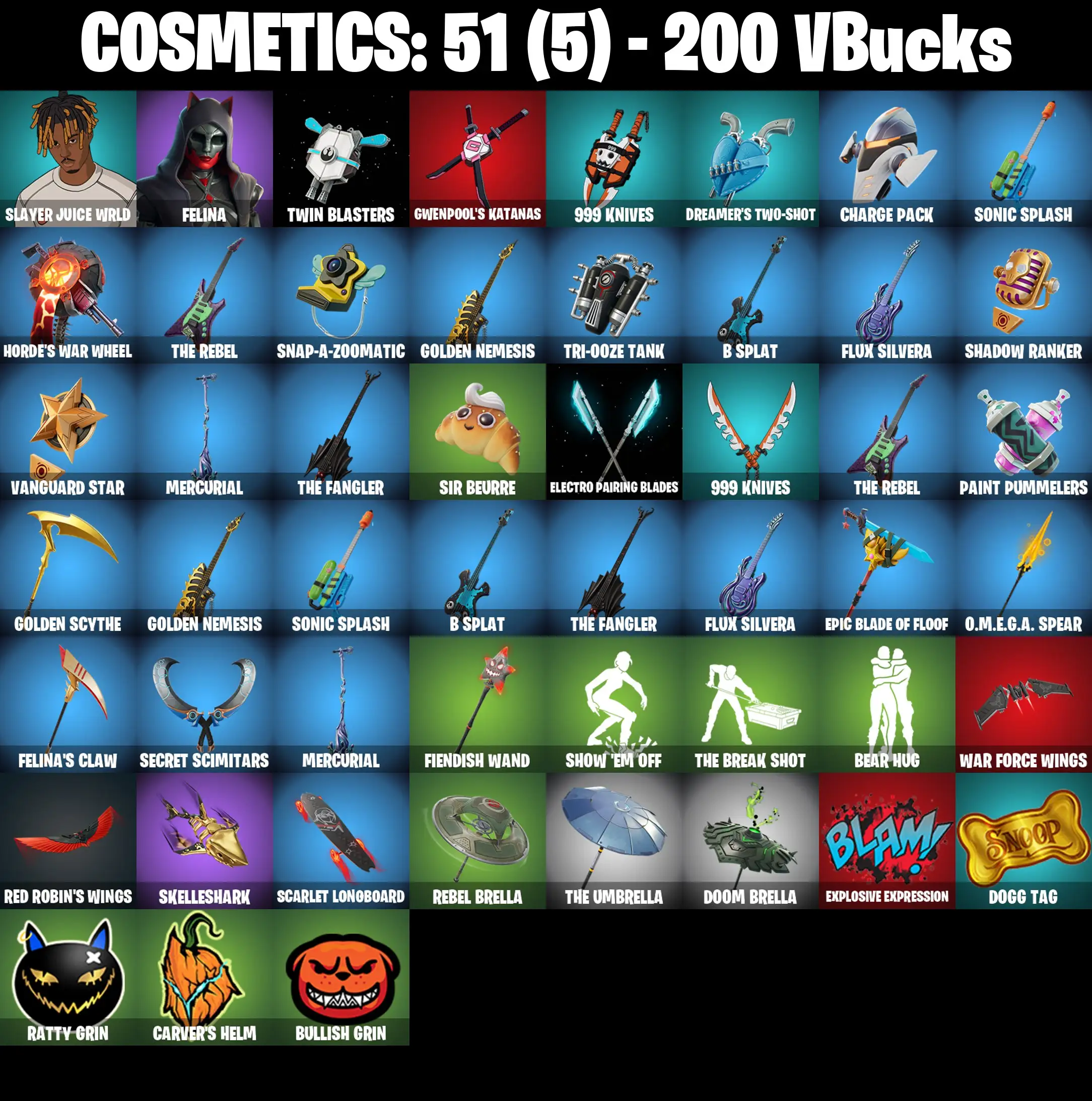 [PC/PSN/XBOX] 2 skins | Slayer Juice WRLD | Felina | Twin Blasters | Gwenpool's Katanas | 999 Knives | Dreamer's Two-Shot | Charge Pack | 200 VB