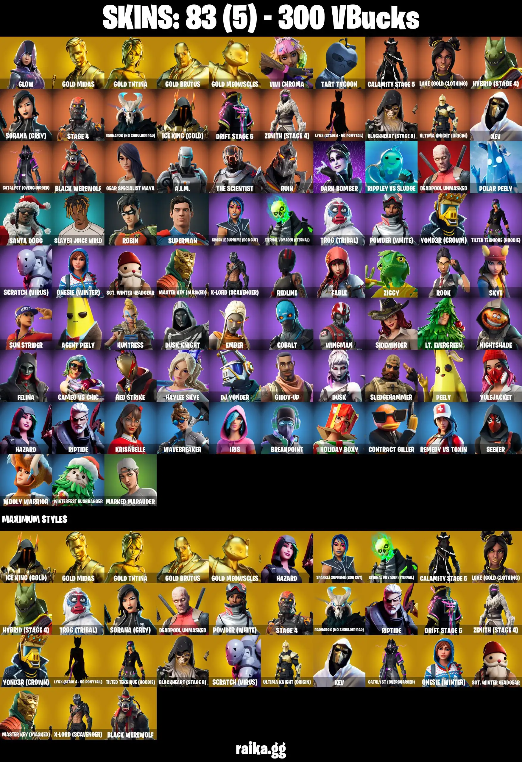 [PC/PS/XB/NIN] 83 skins | Glow | Gold Midas | Gold TNTina | Gold Brutus | Deadpool | Take The Elf | Tart Tycoon | Calamity (Stage 5) | Drift (Stage 5)